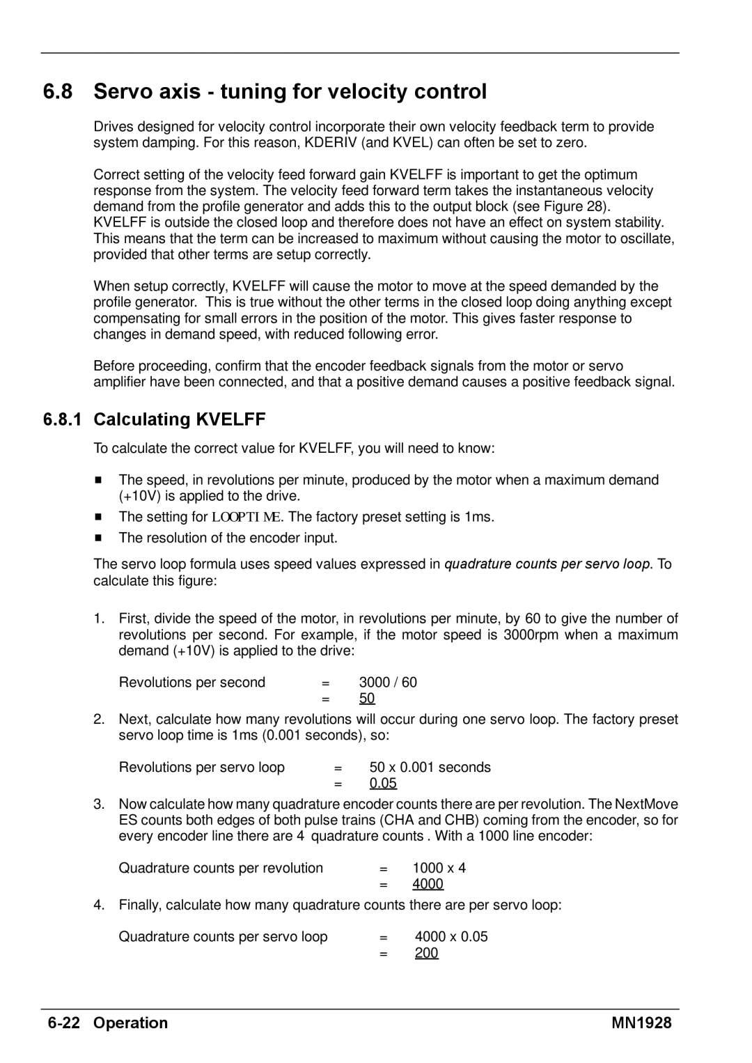 Baldor MN1928 installation manual Servo axis tuning for velocity control, Calculating Kvelff 