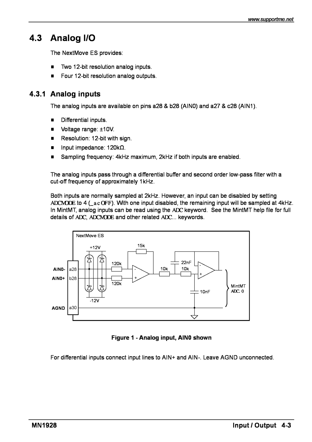 Baldor MN1928 installation manual Analog I/O, Analog inputs, Input / Output, Analog input, AIN0 shown 