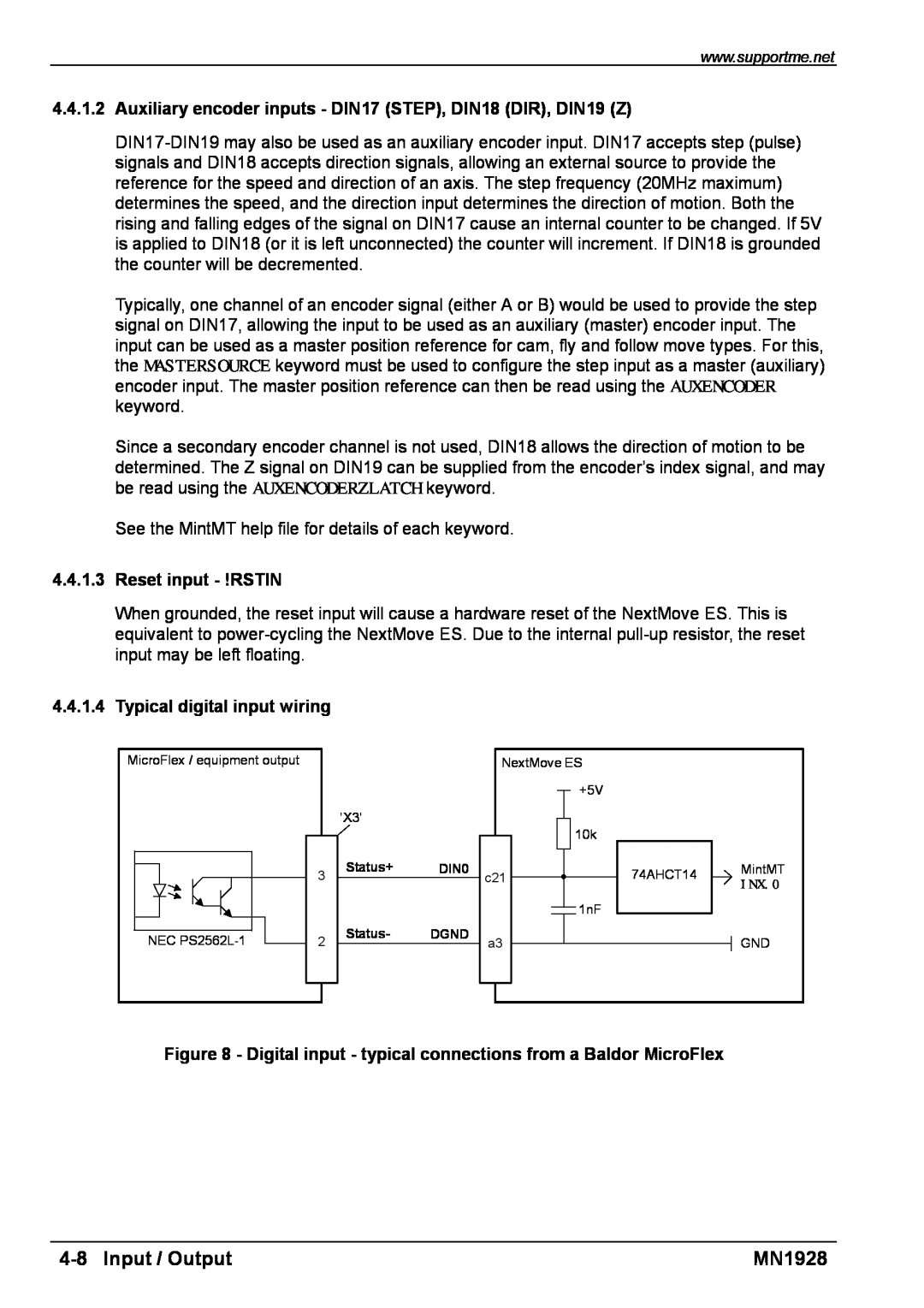 Baldor MN1928 Input / Output, Auxiliary encoder inputs - DIN17 STEP, DIN18 DIR, DIN19 Z, Reset input - !RSTIN 