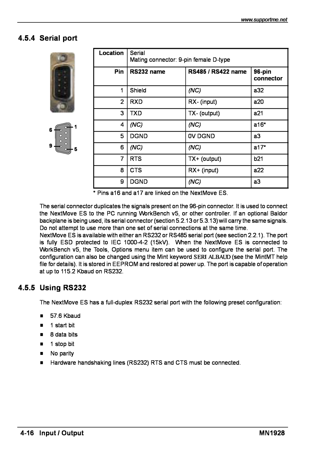 Baldor MN1928 Serial port, Using RS232, Input / Output, Location, RS232 name, RS485 / RS422 name, 96-pin, connector 