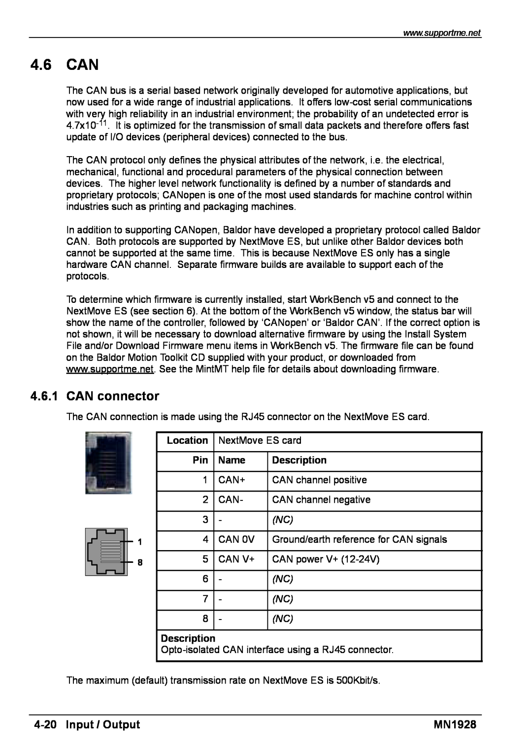 Baldor MN1928 installation manual 4.6 CAN, CAN connector, Input / Output, Location, Name, Description 