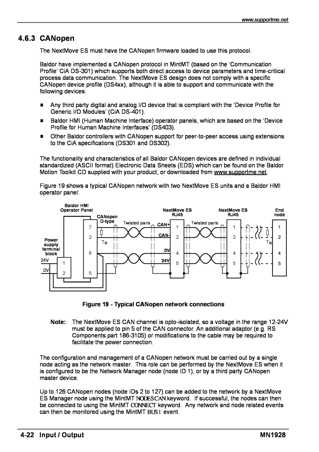 Baldor MN1928 installation manual Input / Output, Typical CANopen network connections 