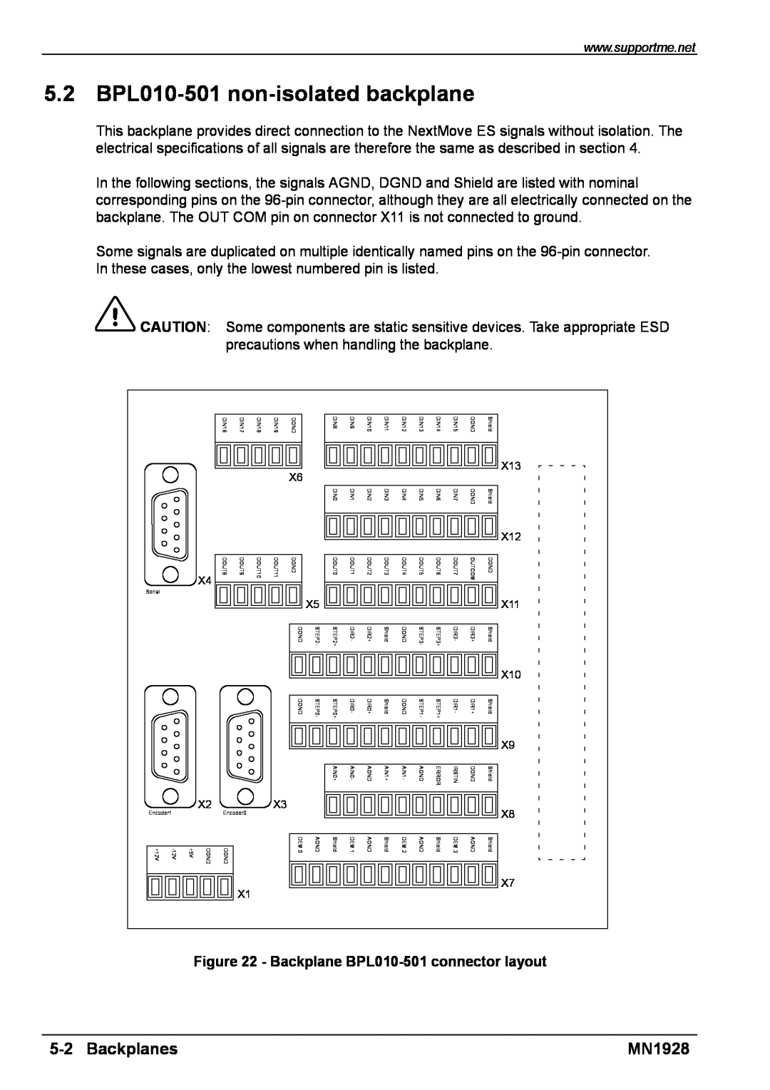 Baldor MN1928 installation manual 5.2 BPL010-501 non-isolated backplane, Backplanes, Backplane BPL010-501 connector layout 