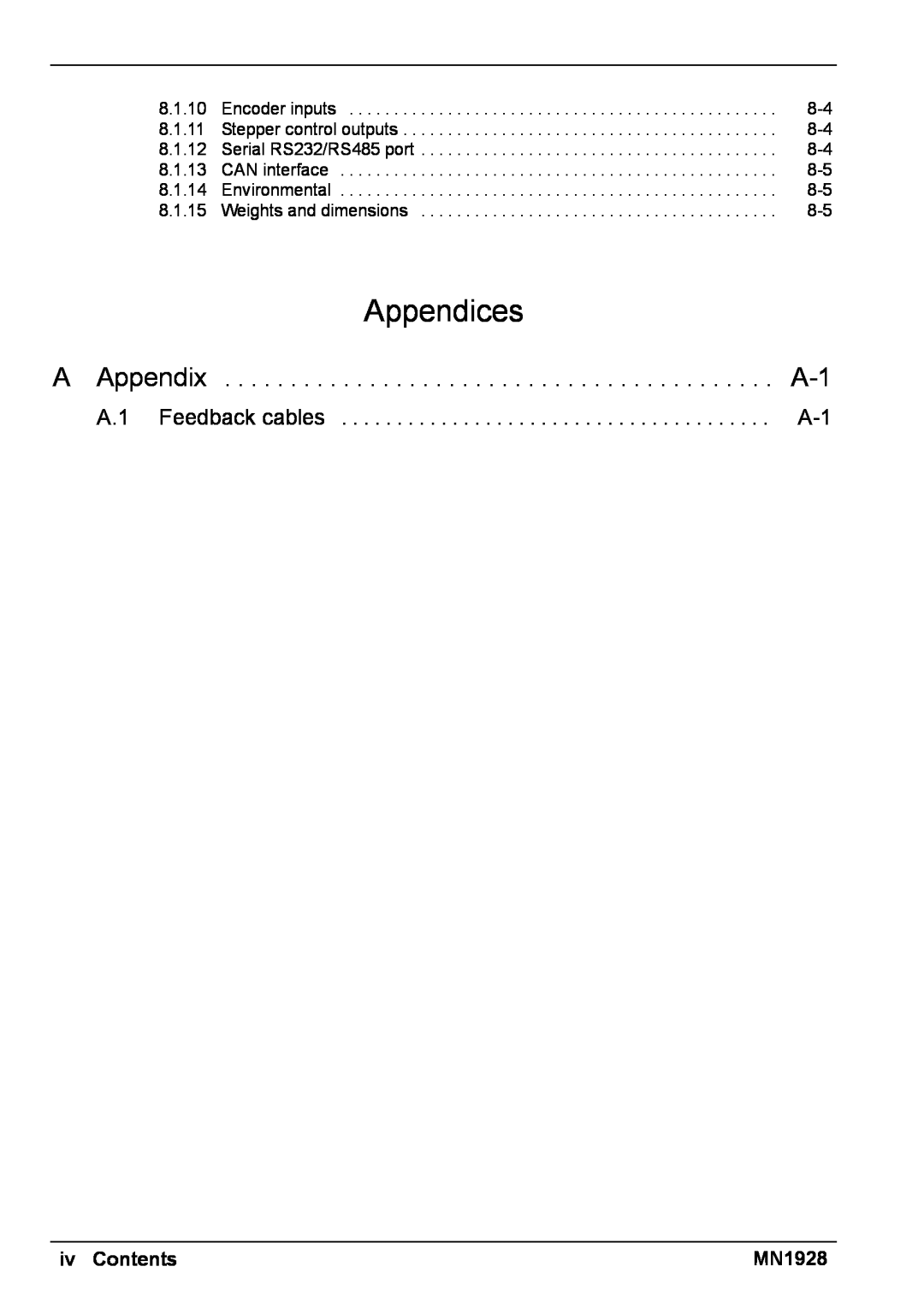Baldor MN1928 installation manual A Appendix, Appendices, iv Contents 