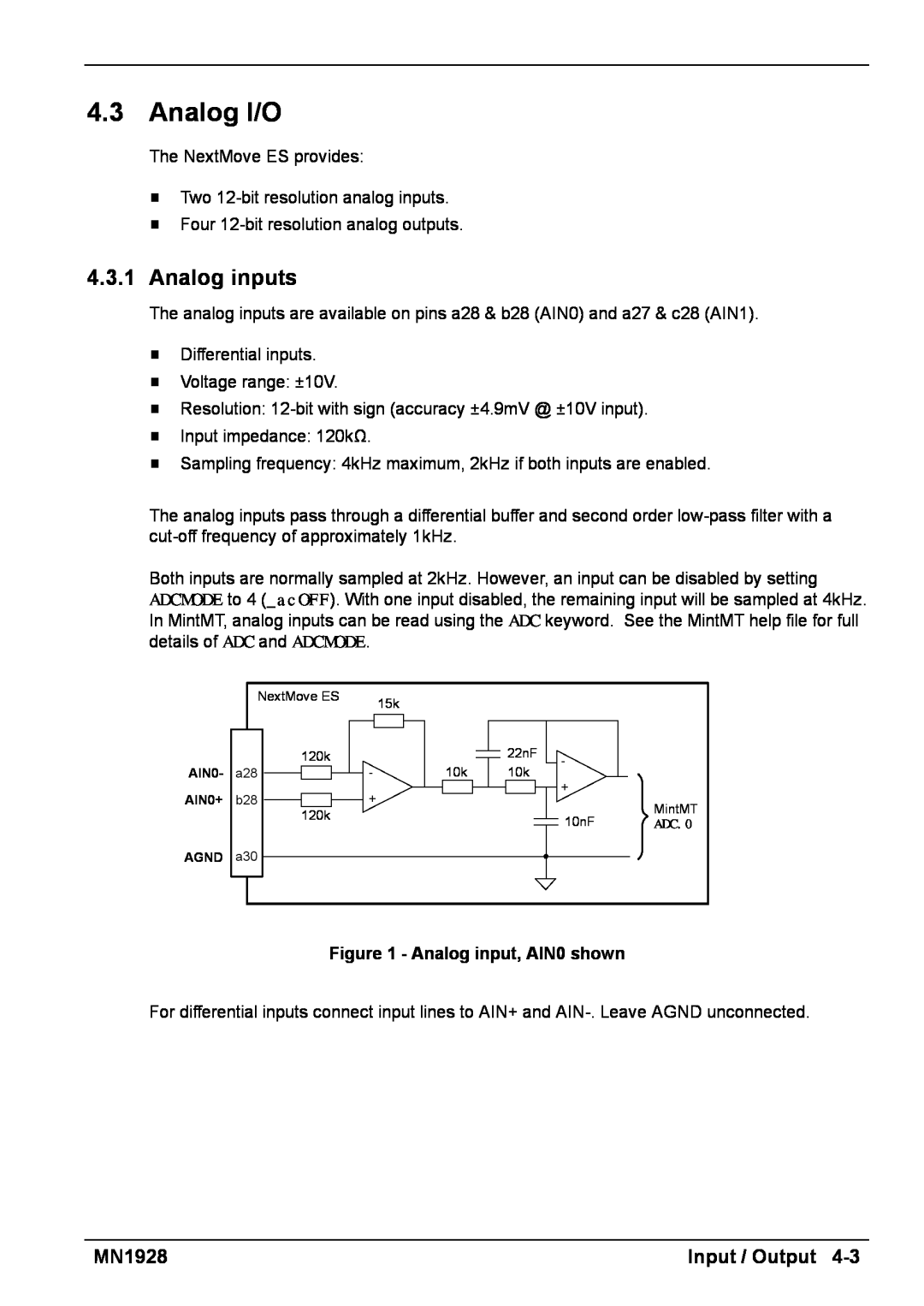 Baldor MN1928 installation manual Analog I/O, 4.3.1Analog inputs, Input / Output, Analog input, AIN0 shown 