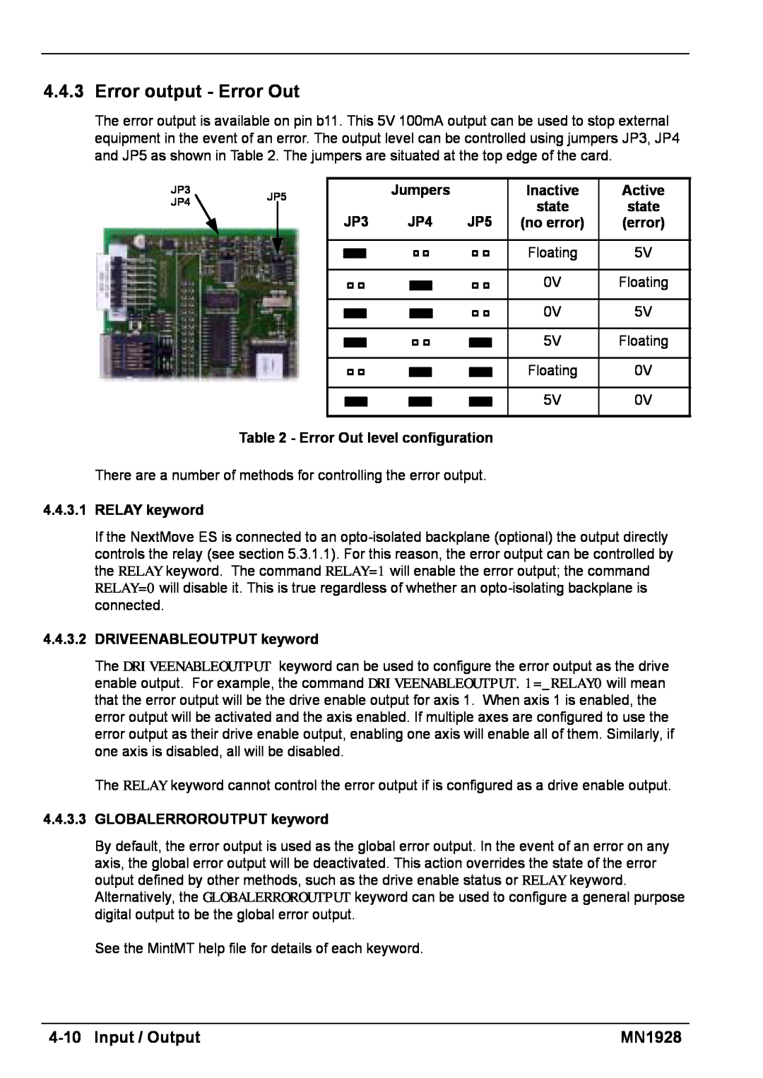 Baldor MN1928 4-10Input / Output, Jumpers, Inactive, Active, Error Out level configuration, 4.4.3.1RELAY keyword 