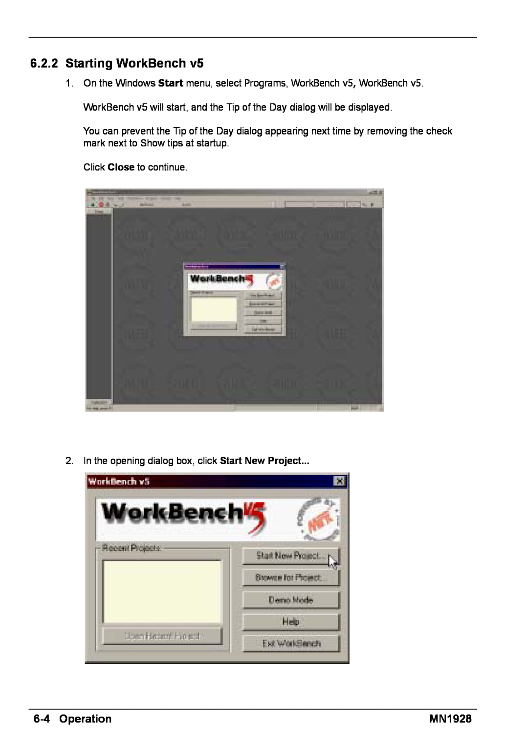 Baldor MN1928 installation manual 6.2.2Starting WorkBench, 6-4Operation 