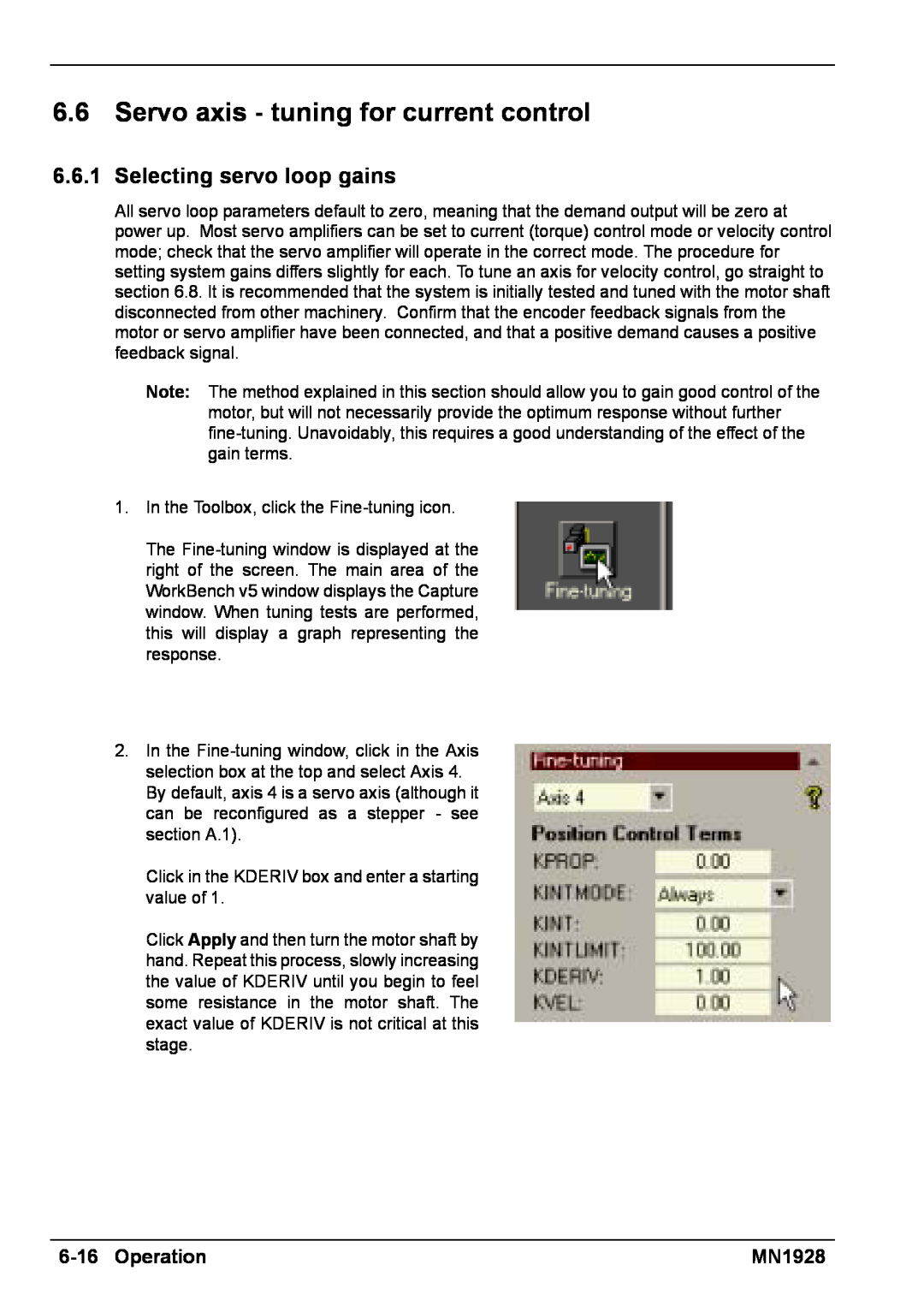 Baldor MN1928 installation manual Servo axis - tuning for current control, Selecting servo loop gains, 6-16Operation 