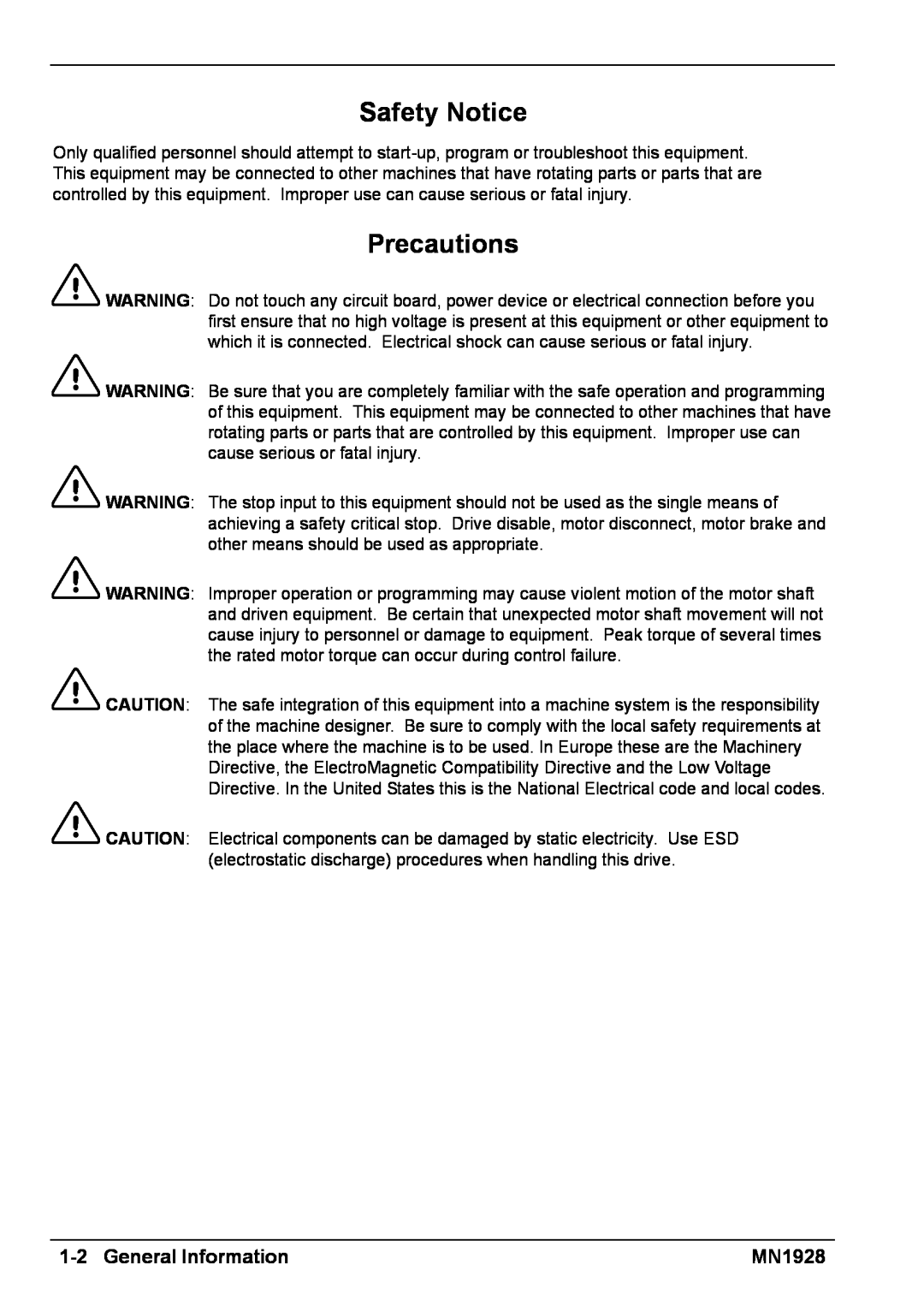 Baldor MN1928 installation manual Safety Notice, Precautions, 1-2General Information 