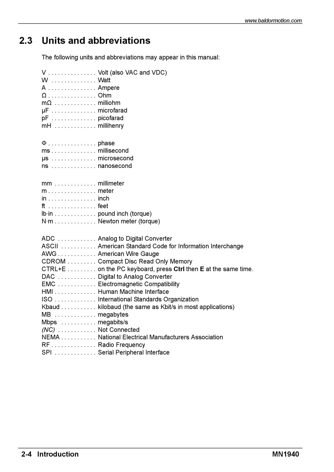 Baldor MN1940 installation manual Units and abbreviations, Phase 