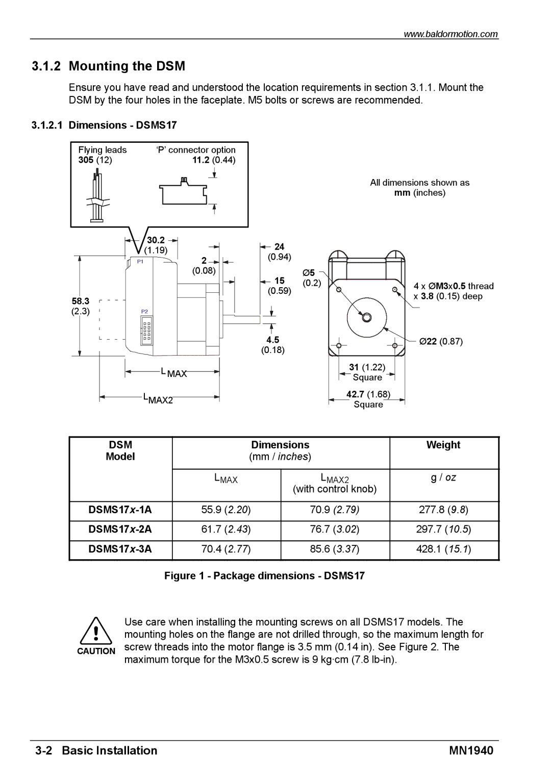 Baldor MN1940 installation manual Mounting the DSM, Dimensions DSMS17, Dimensions Weight 