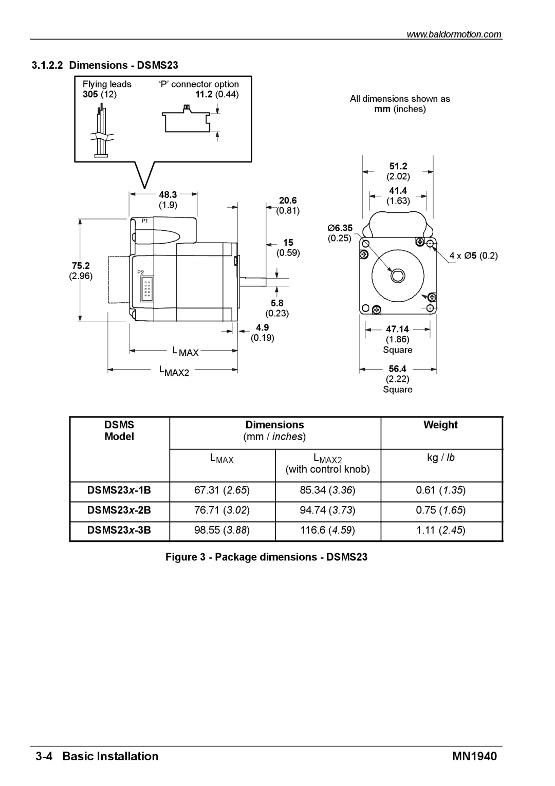 Baldor MN1940 installation manual Dimensions DSMS23, DSMS23x-1B, DSMS23x-2B, DSMS23x-3B 