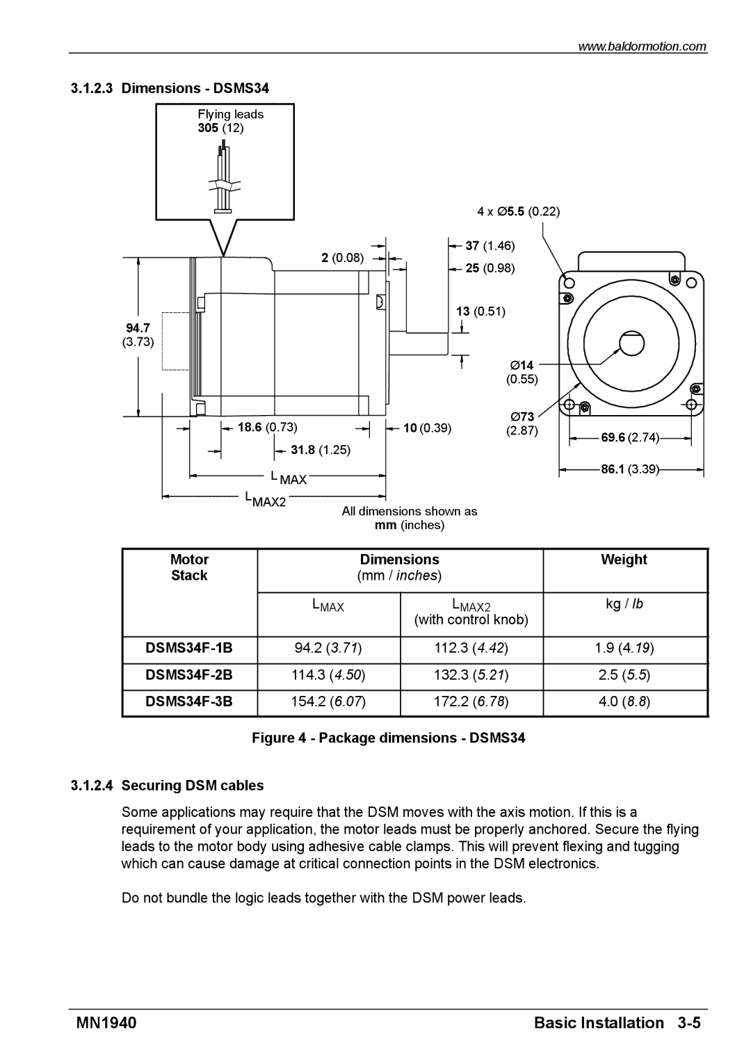 Baldor MN1940 installation manual Dimensions DSMS34, Motor Dimensions, Securing DSM cables 