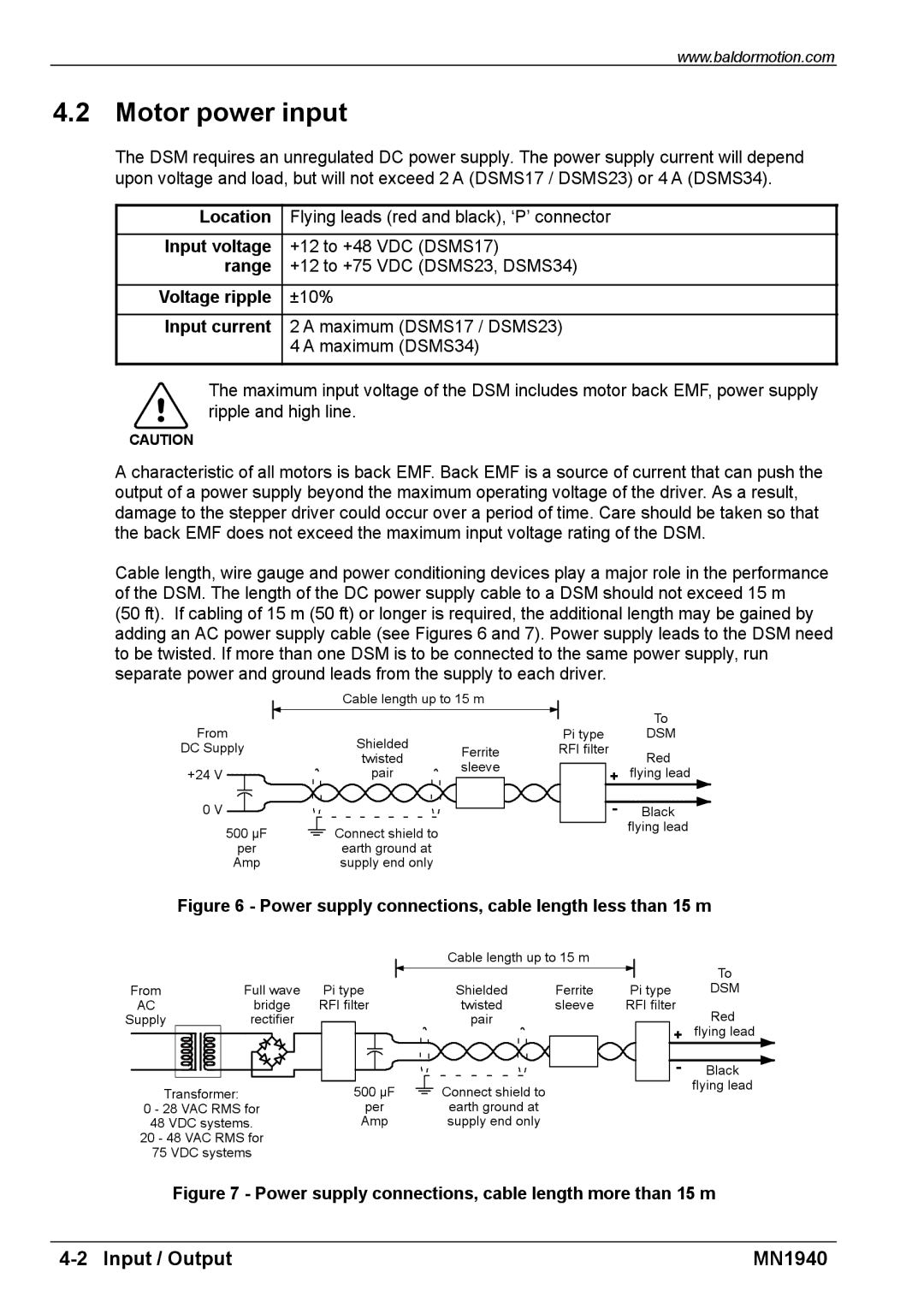 Baldor MN1940 installation manual Motor power input 