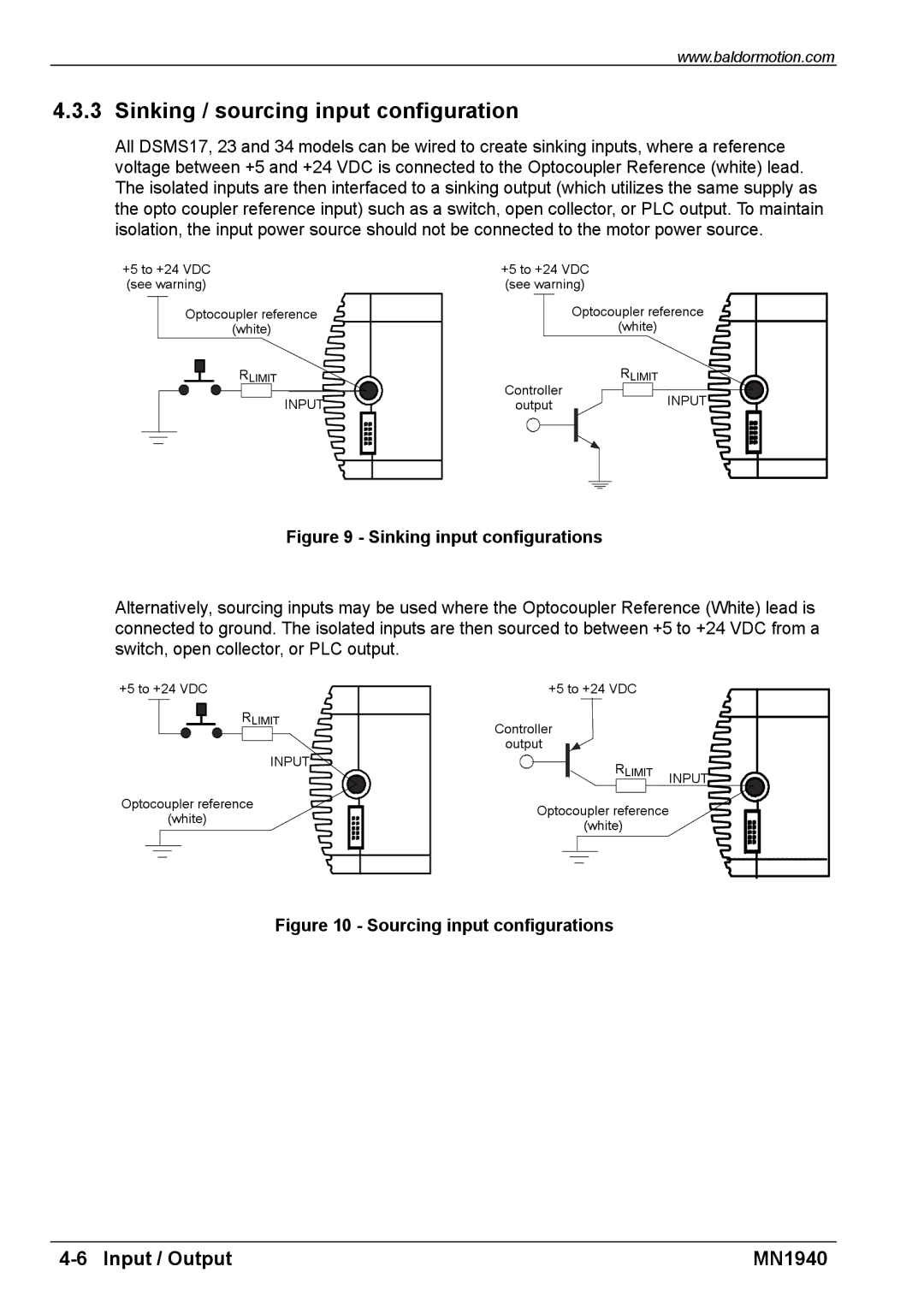 Baldor MN1940 installation manual Sinking / sourcing input configuration, Sinking input configurations 