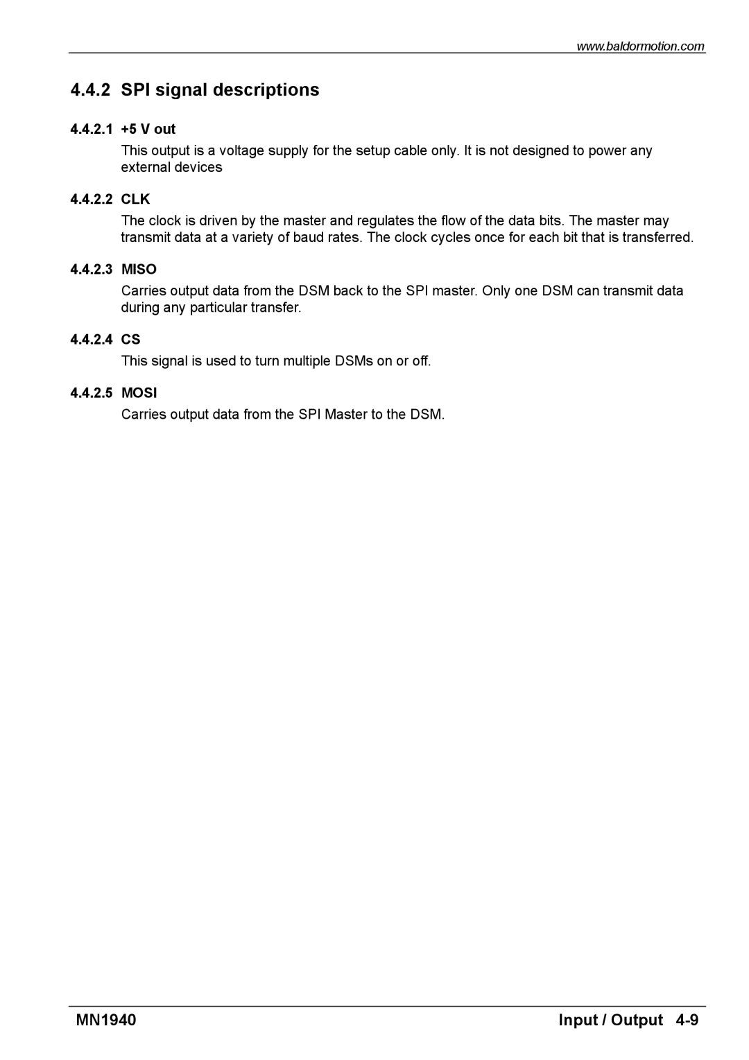 Baldor MN1940 installation manual SPI signal descriptions 