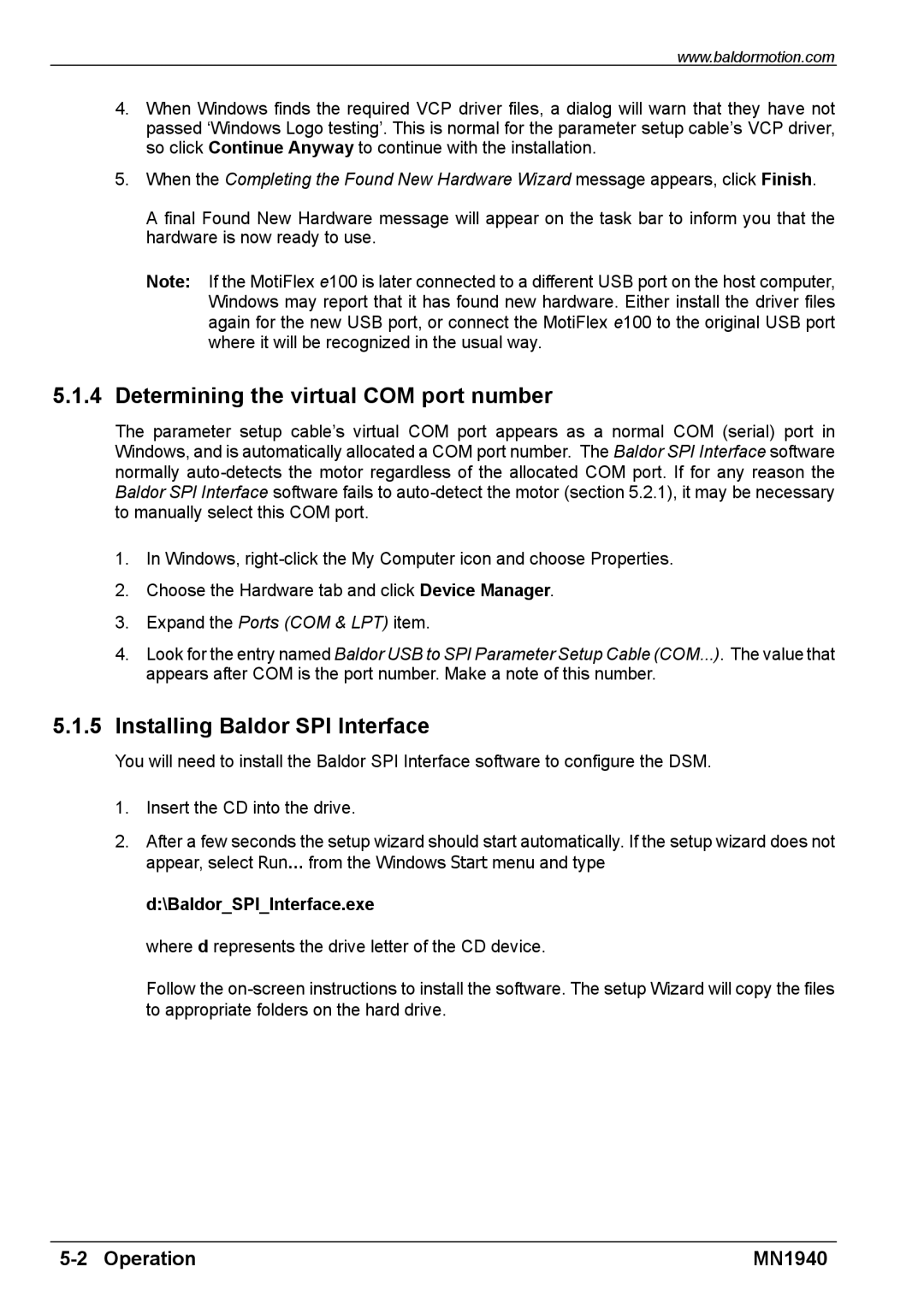 Baldor MN1940 Determining the virtual COM port number, Installing Baldor SPI Interface, BaldorSPIInterface.exe 