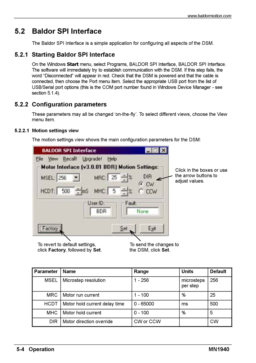 Baldor MN1940 Starting Baldor SPI Interface, Configuration parameters, Motion settings view, Name Range Units Default 