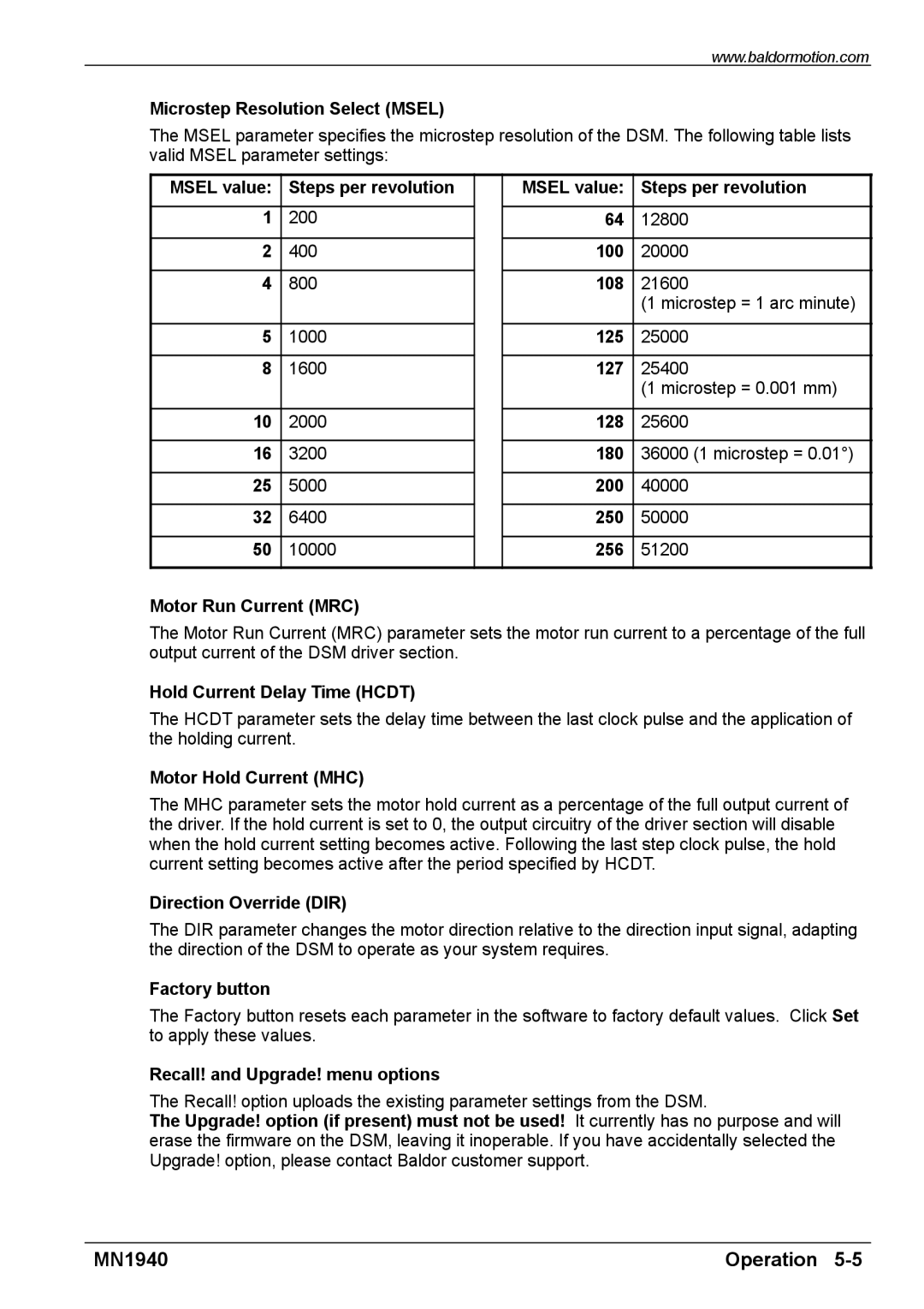 Baldor MN1940 Microstep Resolution Select Msel, Msel value, Hold Current Delay Time Hcdt, Motor Hold Current MHC 