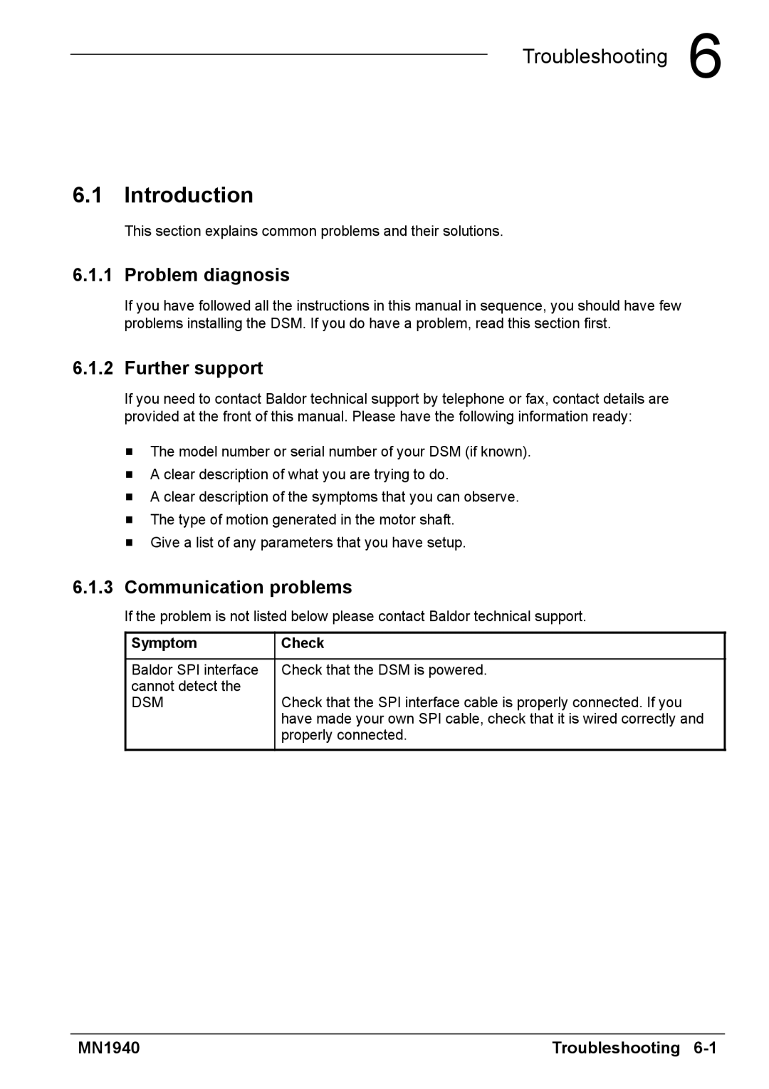 Baldor MN1940 installation manual Problem diagnosis, Further support, Communication problems, Symptom Check 