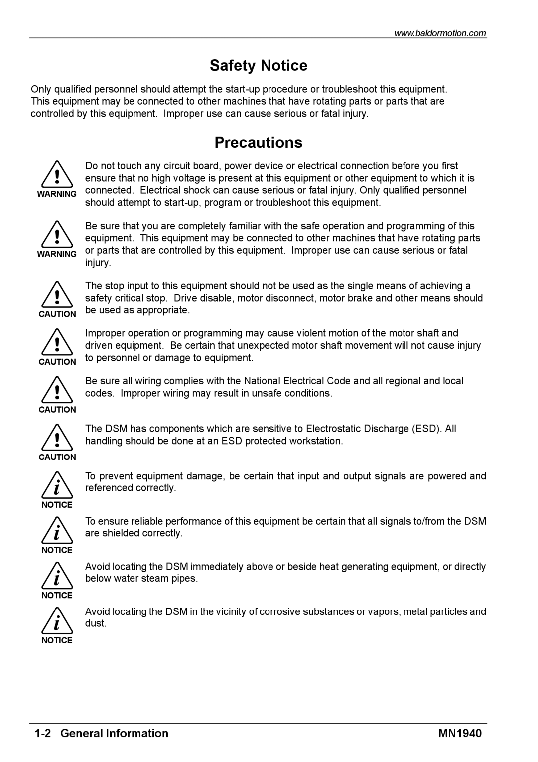 Baldor MN1940 installation manual Safety Notice, Precautions 