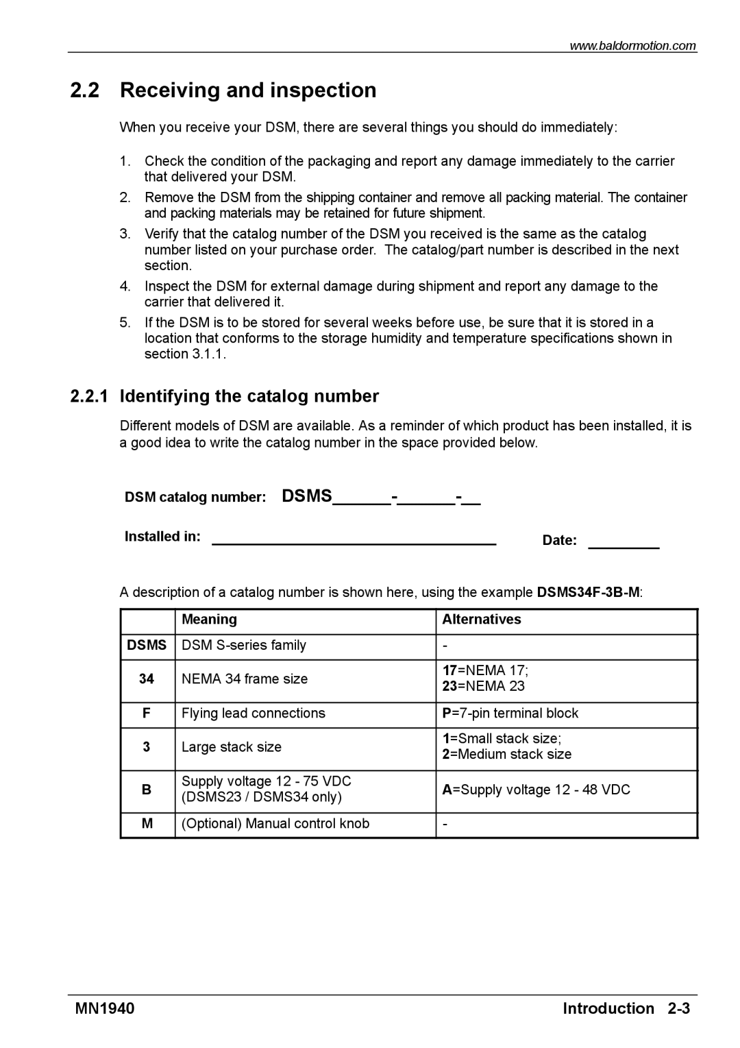 Baldor MN1940 installation manual Receiving and inspection, Installed, Identifying the catalog number 