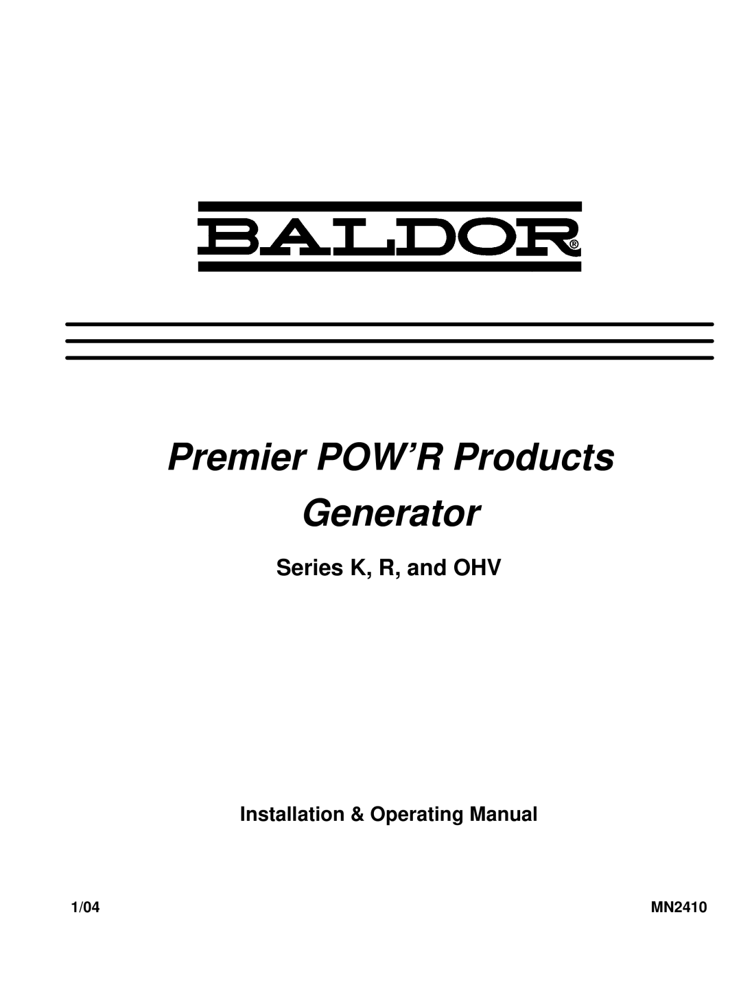 Baldor MN2410 manual Premier POW’R Products Generator 