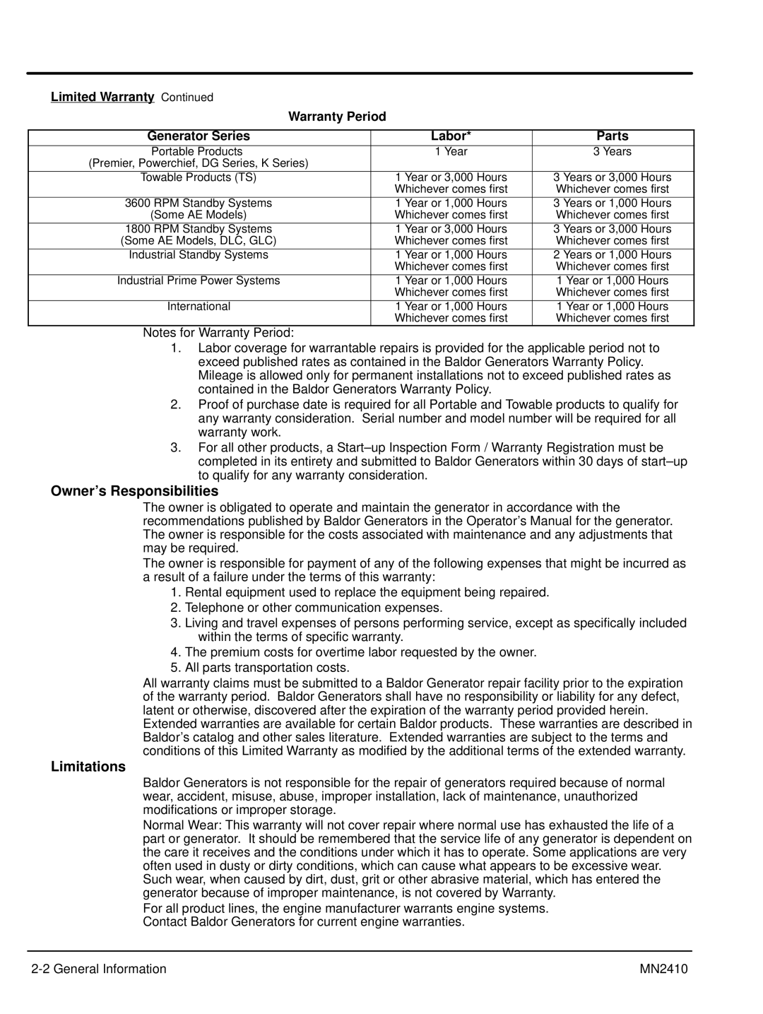 Baldor MN2410 manual Owner’s Responsibilities 