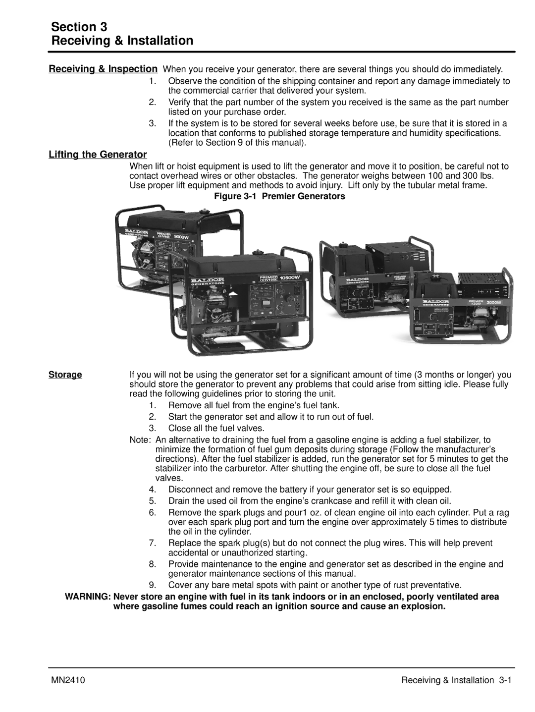 Baldor MN2410 manual Section Receiving & Installation, Premier Generators Storage 