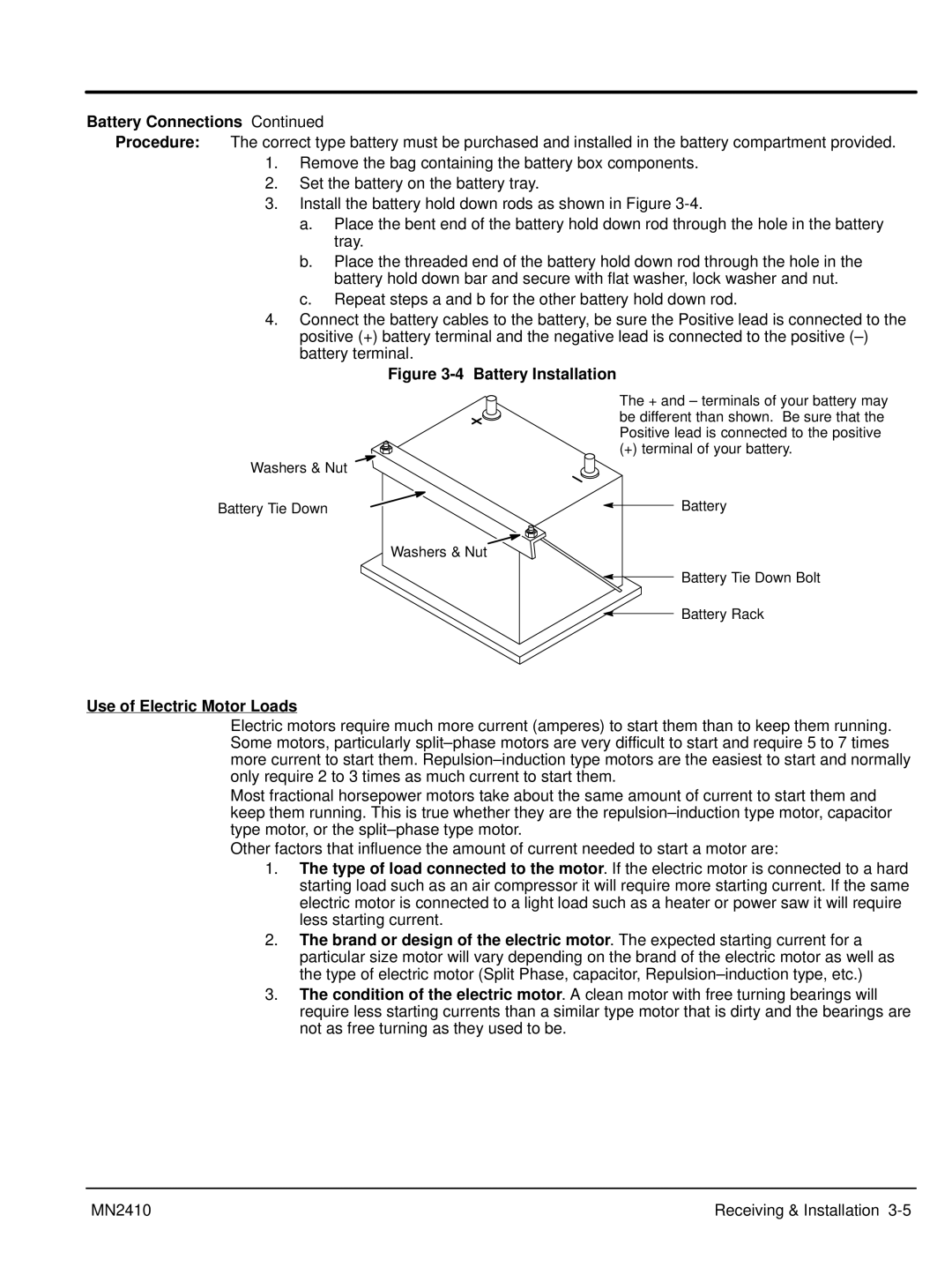 Baldor MN2410 manual Battery Connections, Use of Electric Motor Loads 