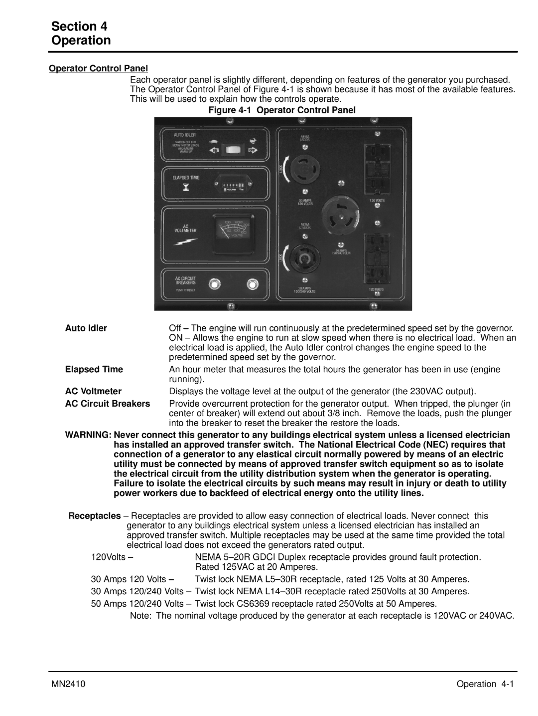 Baldor MN2410 manual Section Operation, Operator Control Panel, Elapsed Time, AC Voltmeter, AC Circuit Breakers 