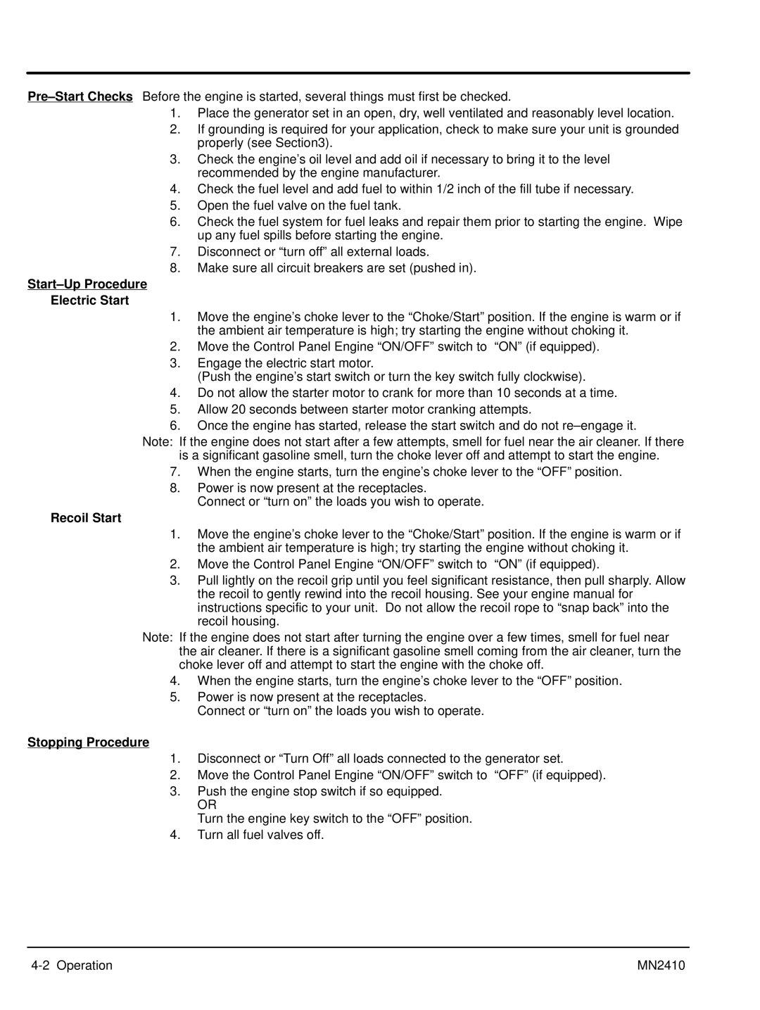 Baldor MN2410 manual Start-Up Procedure Electric Start, Recoil Start, Stopping Procedure 