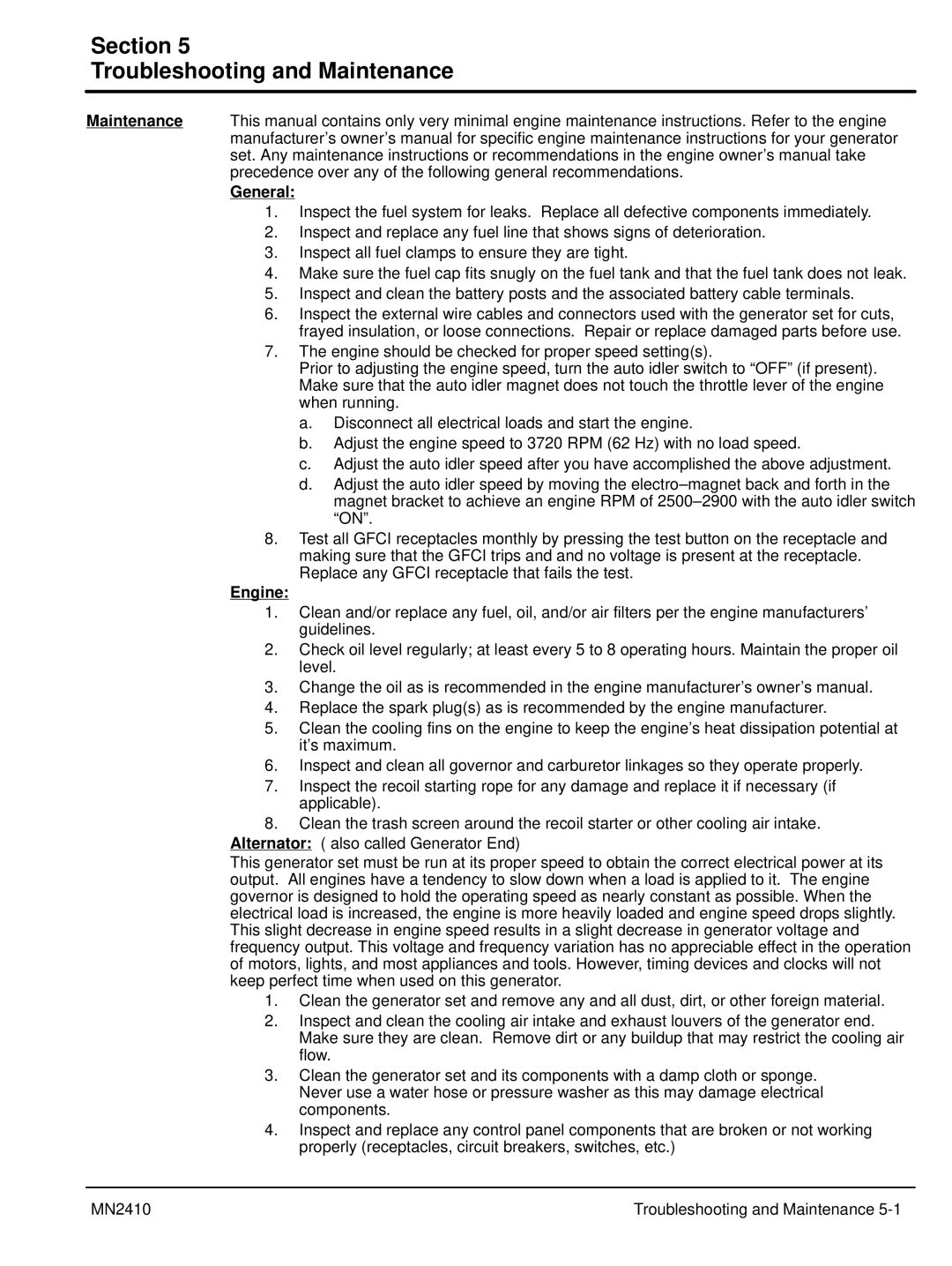 Baldor MN2410 manual Section Troubleshooting and Maintenance, General, Engine 