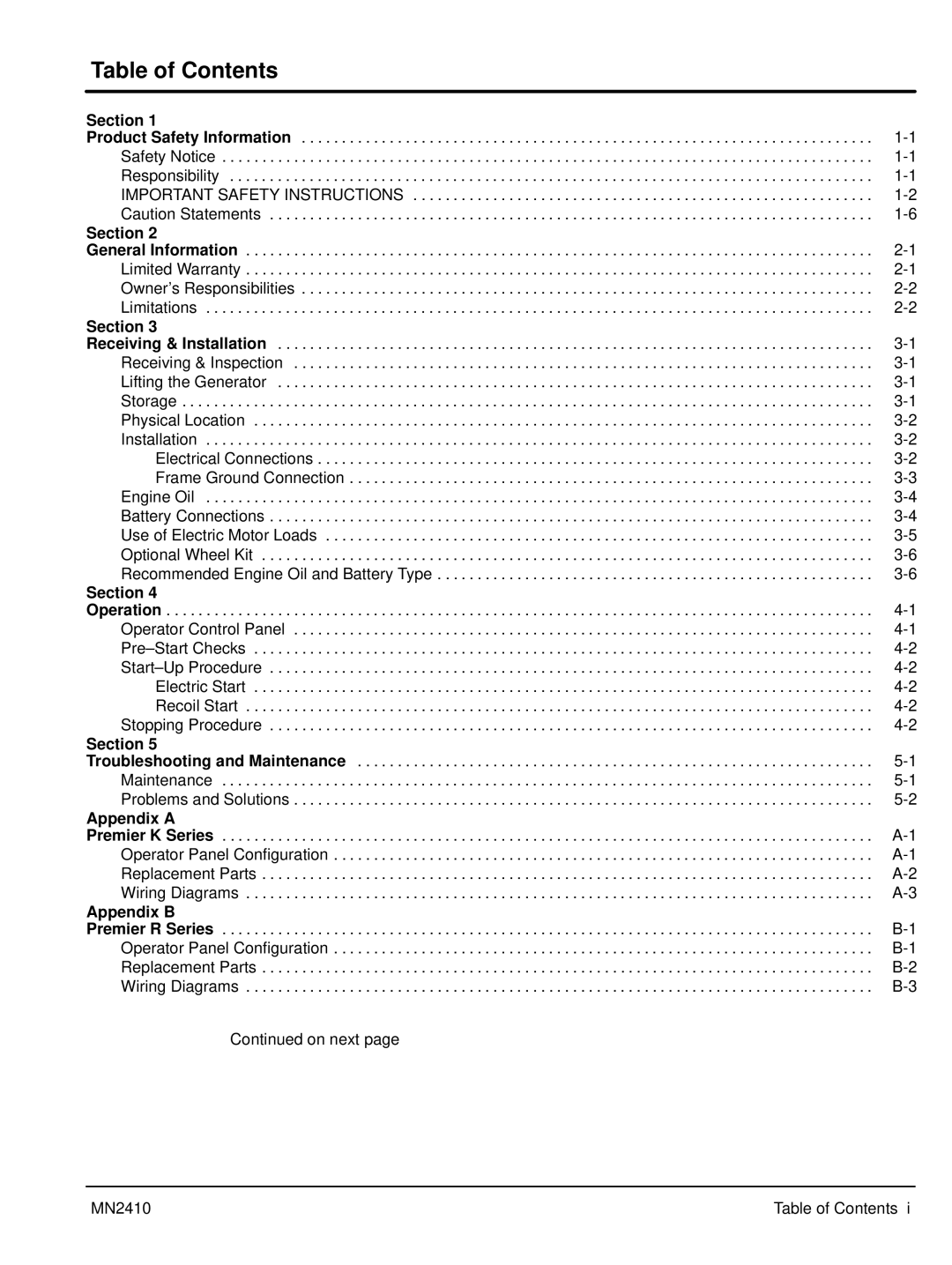 Baldor MN2410 manual Table of Contents 