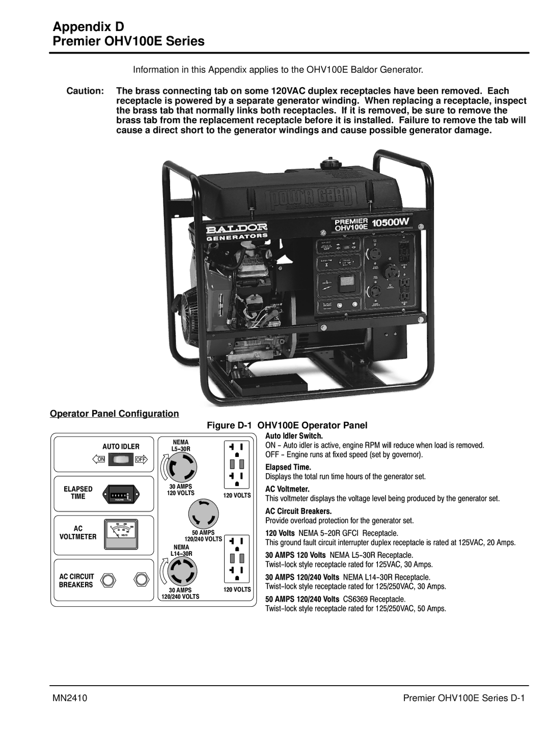 Baldor MN2410 manual Appendix D Premier OHV100E Series, Figure D-1 OHV100E Operator Panel 