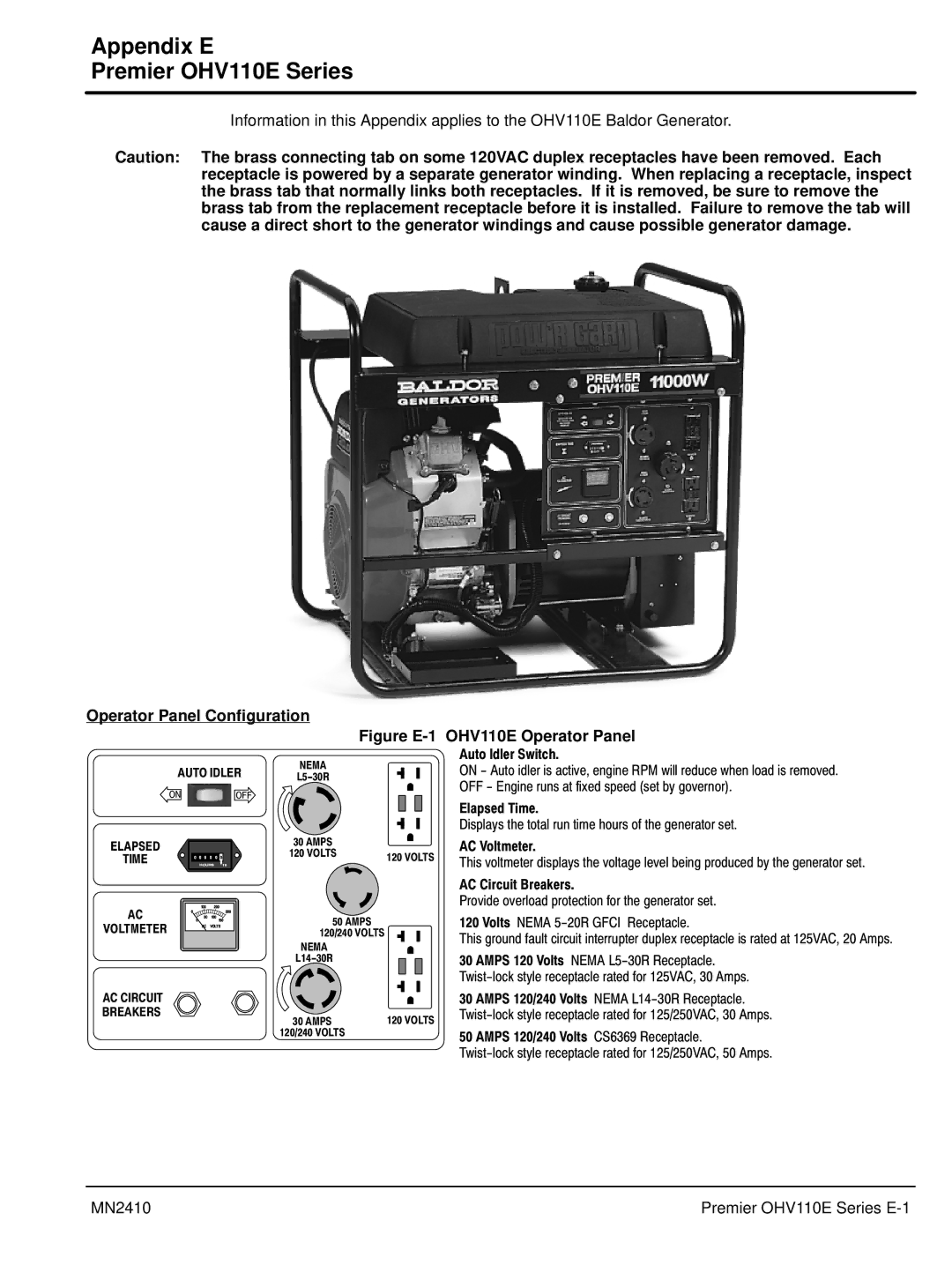 Baldor MN2410 manual Appendix E Premier OHV110E Series, Figure E-1 OHV110E Operator Panel 