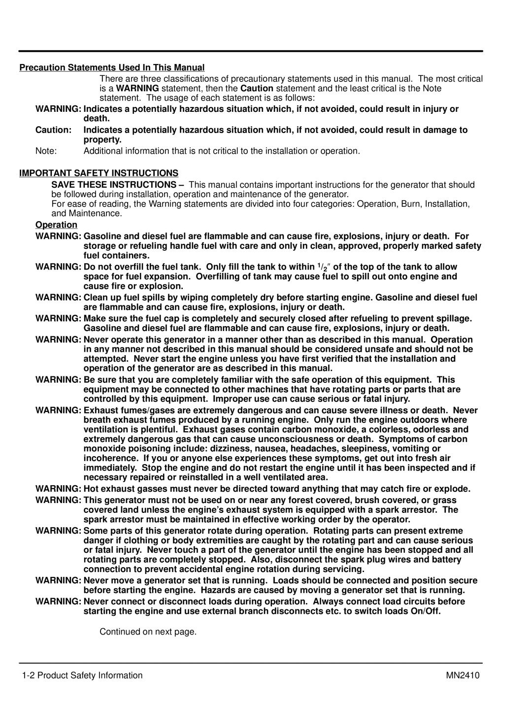 Baldor MN2410 manual Precaution Statements Used In This Manual, Property, Operation 