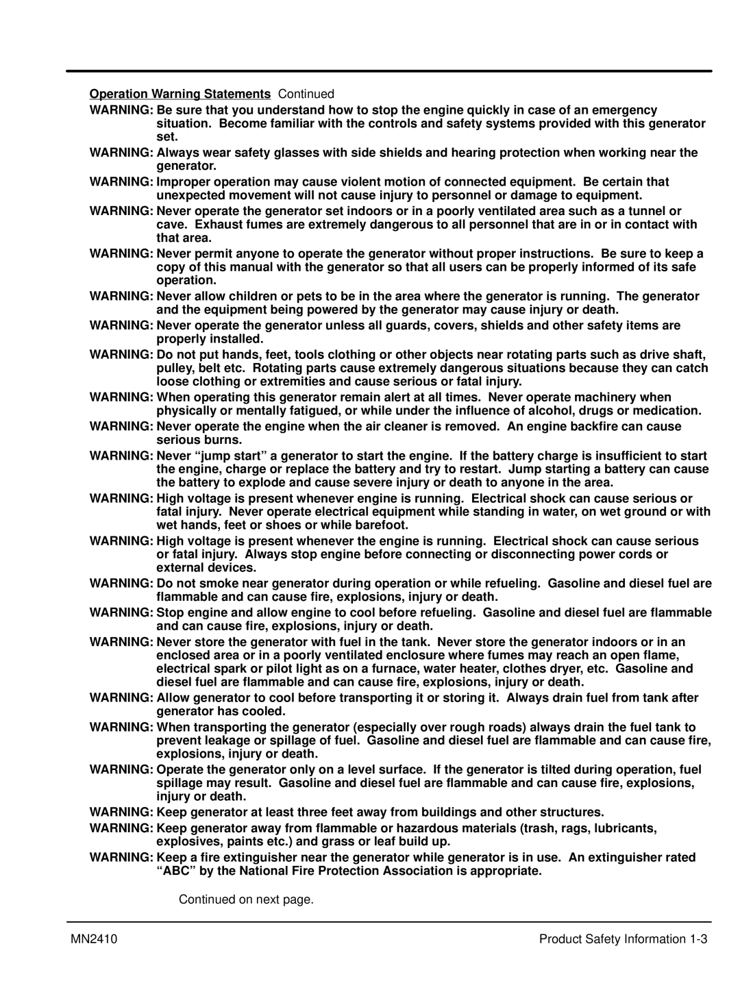 Baldor MN2410 manual Operation Warning Statements 