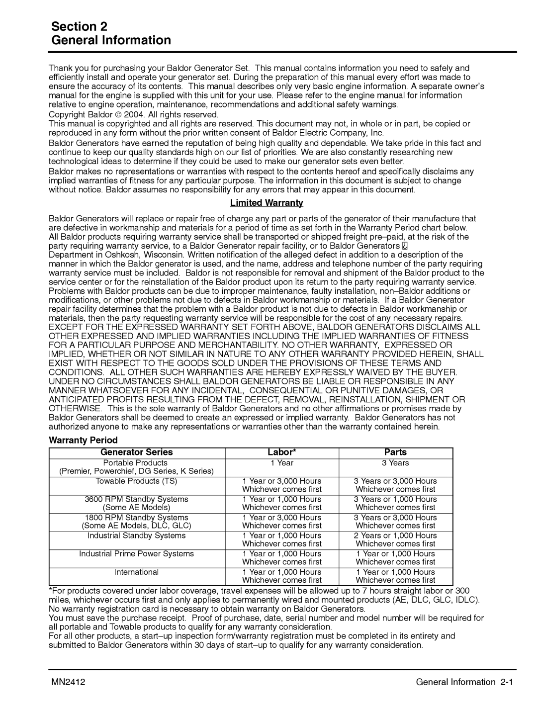 Baldor MN2412 manual Section General Information, Limited Warranty, Warranty Period Generator Series Labor Parts 