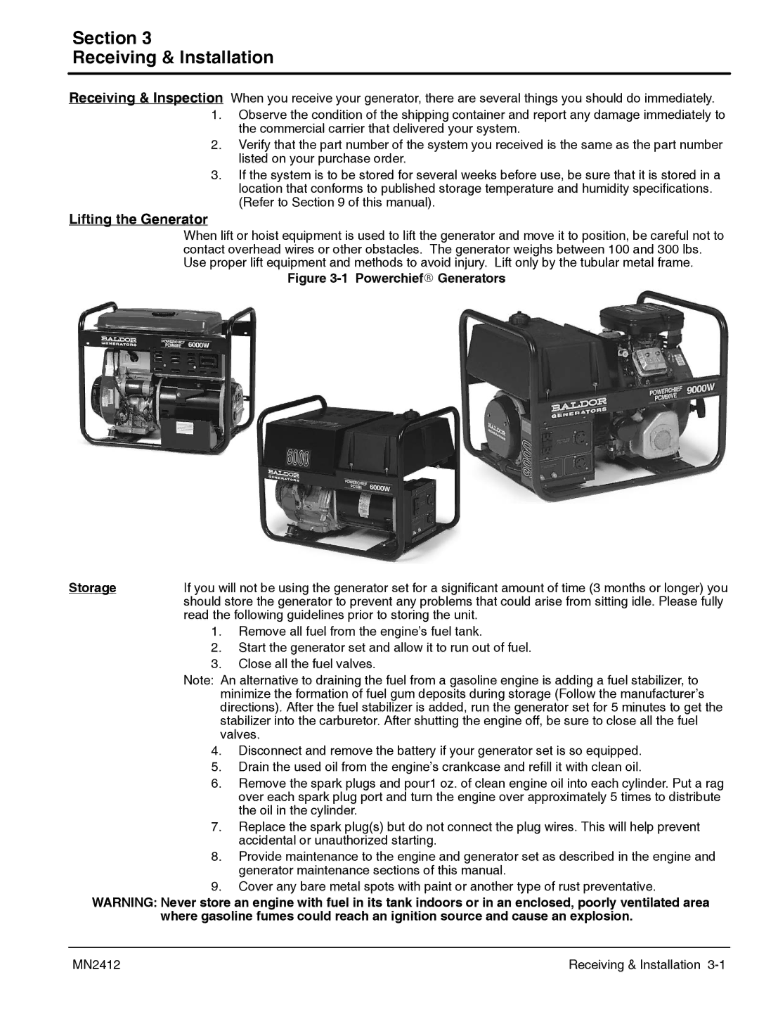 Baldor MN2412 manual Section Receiving & Installation, PowerchiefR Generators Storage 