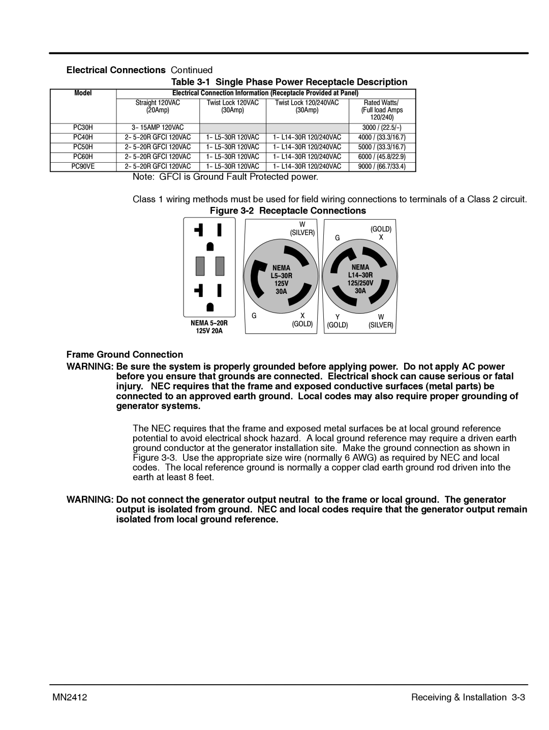 Baldor MN2412 manual Receptacle Connections, Frame Ground Connection 