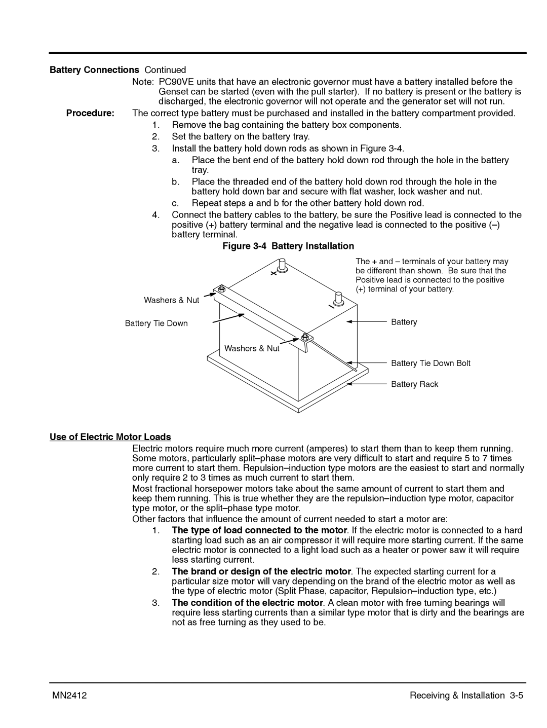 Baldor MN2412 manual Battery Connections, Use of Electric Motor Loads 