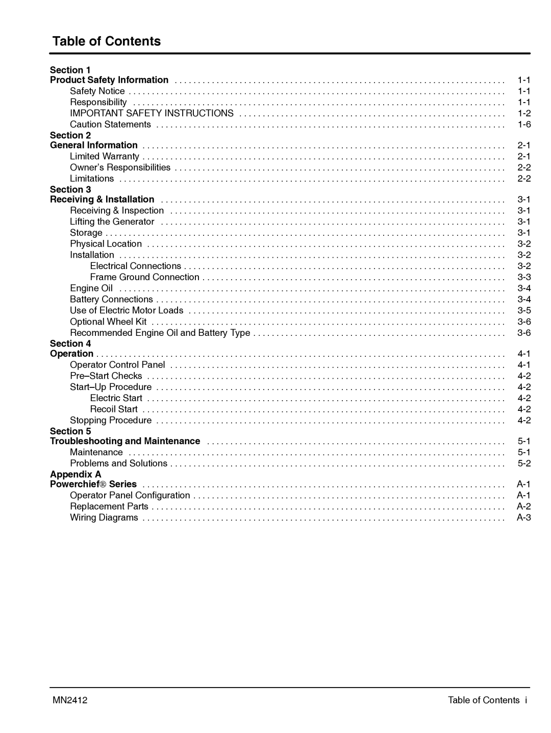 Baldor MN2412 manual Table of Contents 