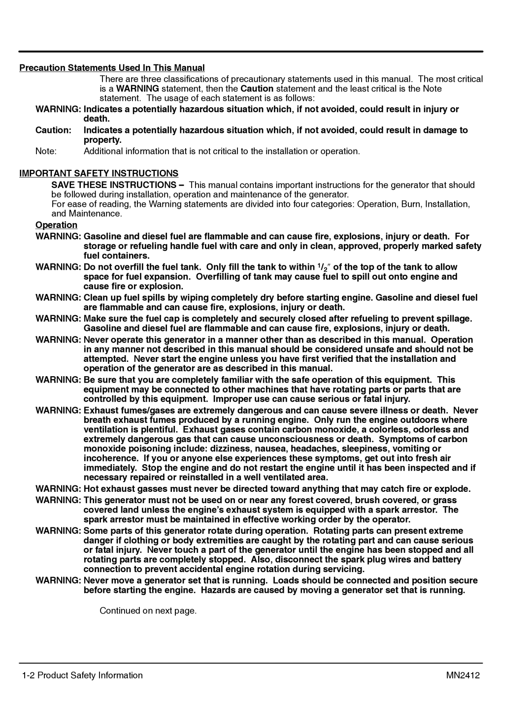 Baldor MN2412 manual Precaution Statements Used In This Manual, Property, Operation 