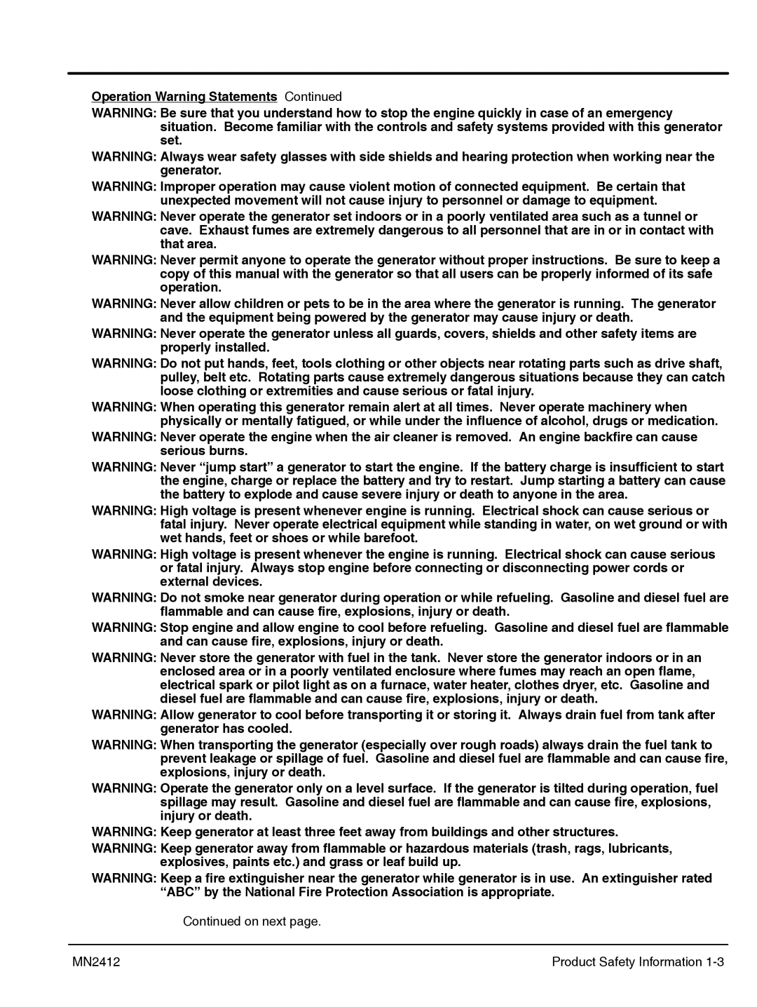 Baldor MN2412 manual Operation Warning Statements 