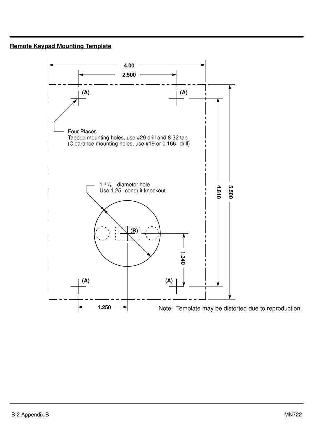 Baldor mn722 manual Remote Keypad Mounting Template, 340 810 500 250 