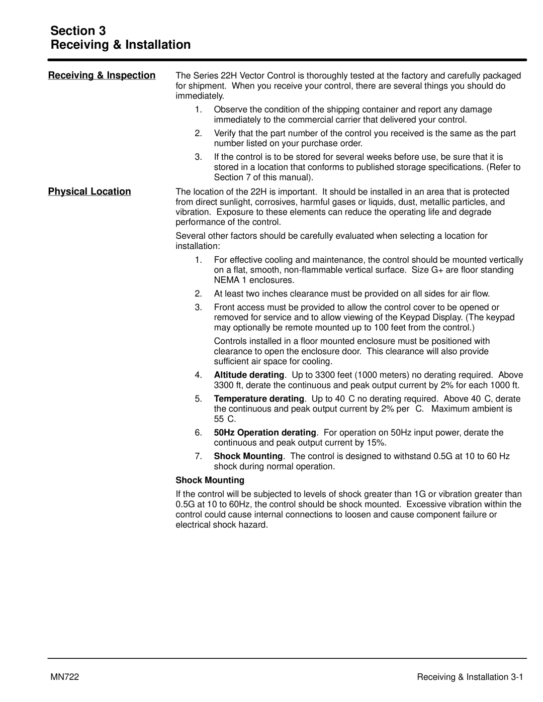 Baldor mn722 manual Receiving & Inspection, Physical Location, Shock Mounting 