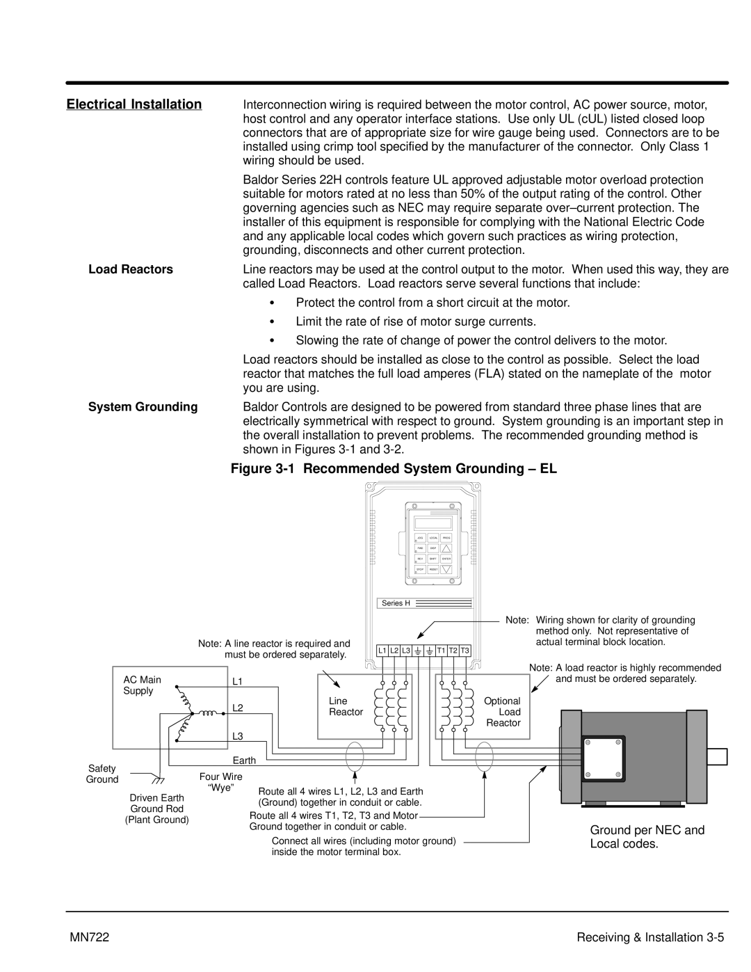 Baldor mn722 manual Electrical Installation, Load Reactors, System Grounding 