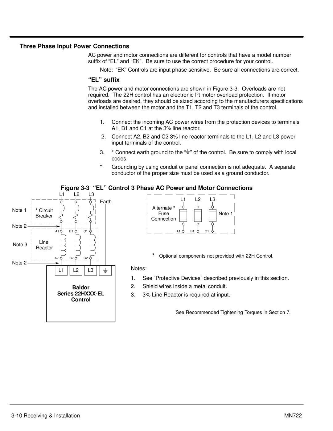 Baldor mn722 manual Three Phase Input Power Connections, EL suffix, Baldor Series 22HXXX-EL Control 