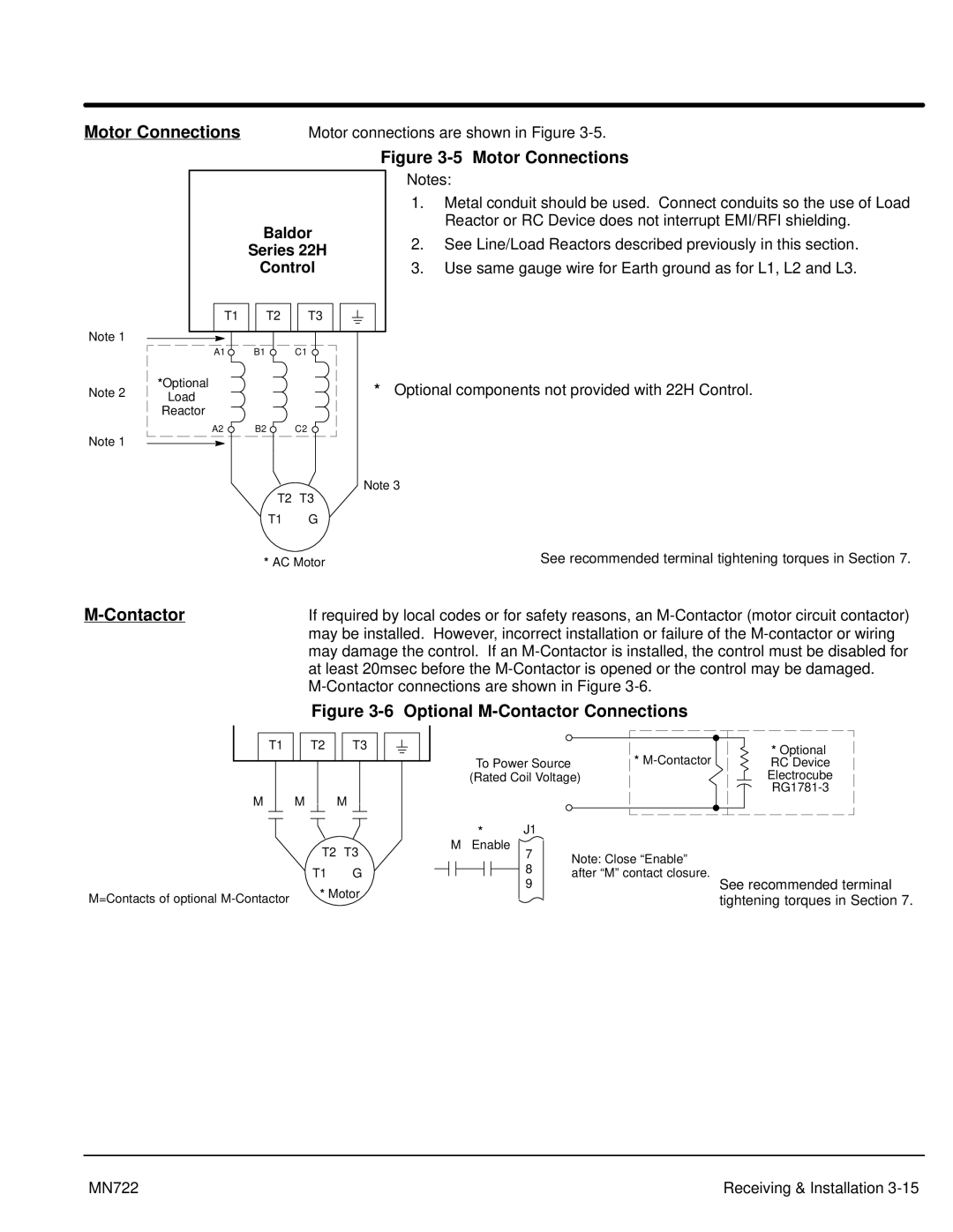 Baldor mn722 manual Motor Connections, Contactor, Series 22H 